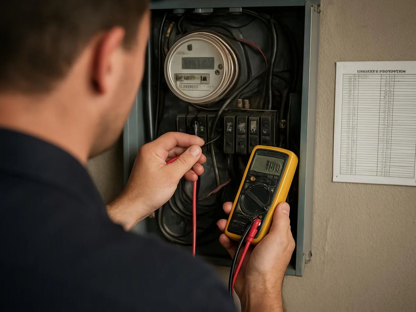 A man tests wiring inside an open electrical meter box with a yellow multimeter in a wall-mounted utility area