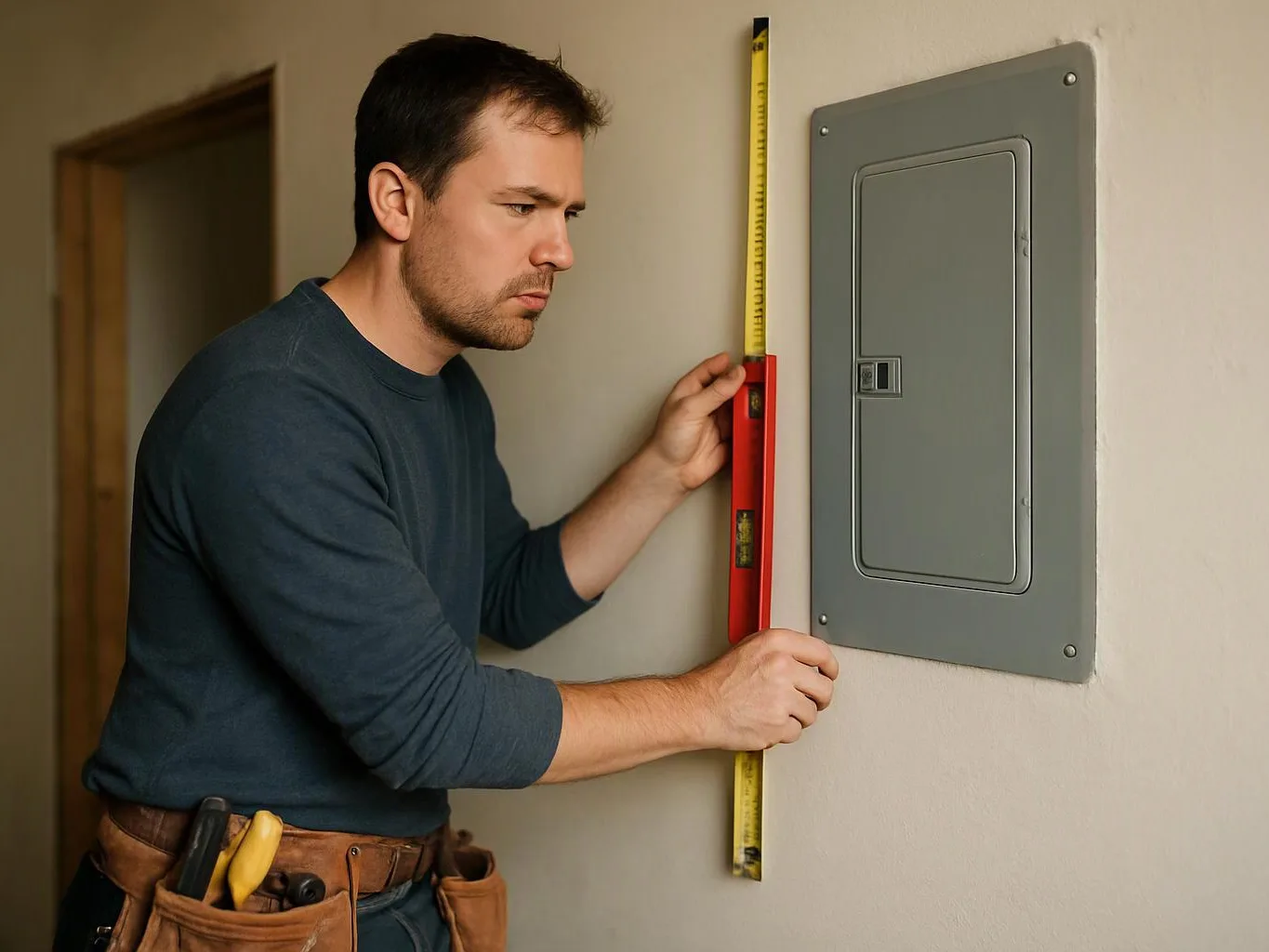 A man in a tool belt measures the wall beside a gray electrical panel with a level and tape measure