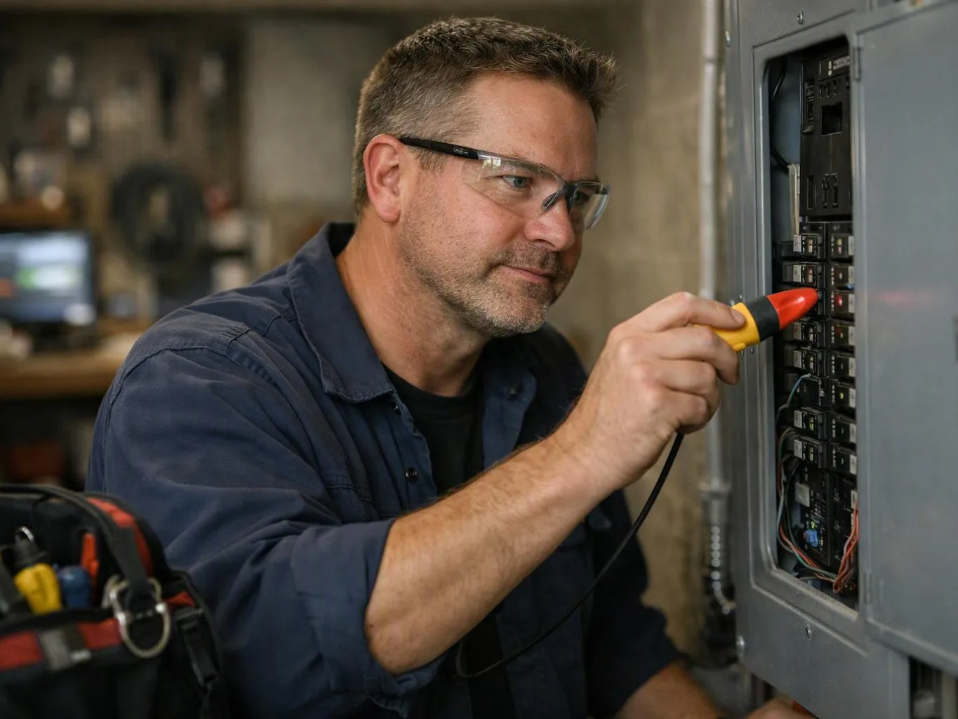 A man wearing safety glasses tests an electrical panel with a probe in a workshop