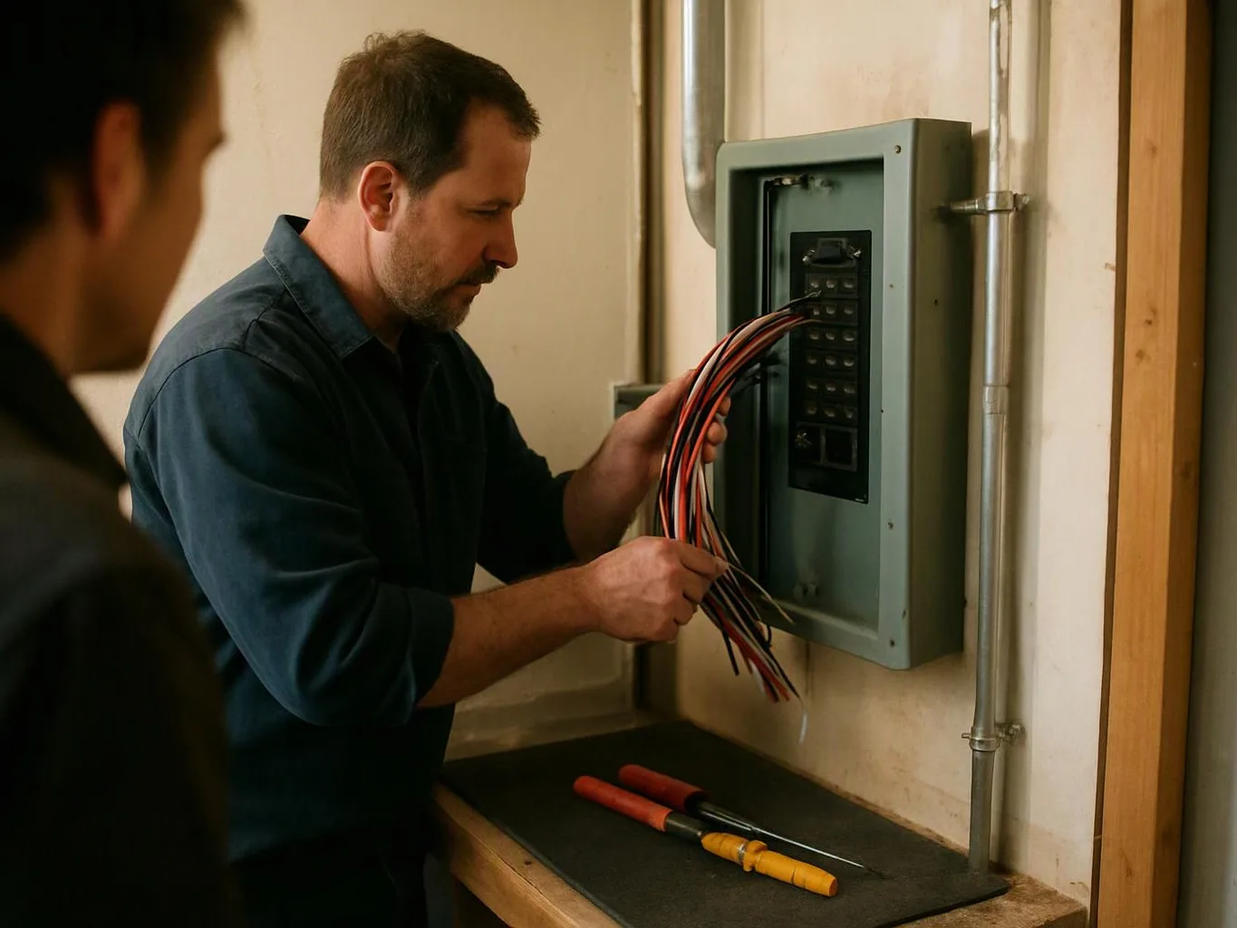A man wires an open electrical panel while tools rest on the workbench beside him