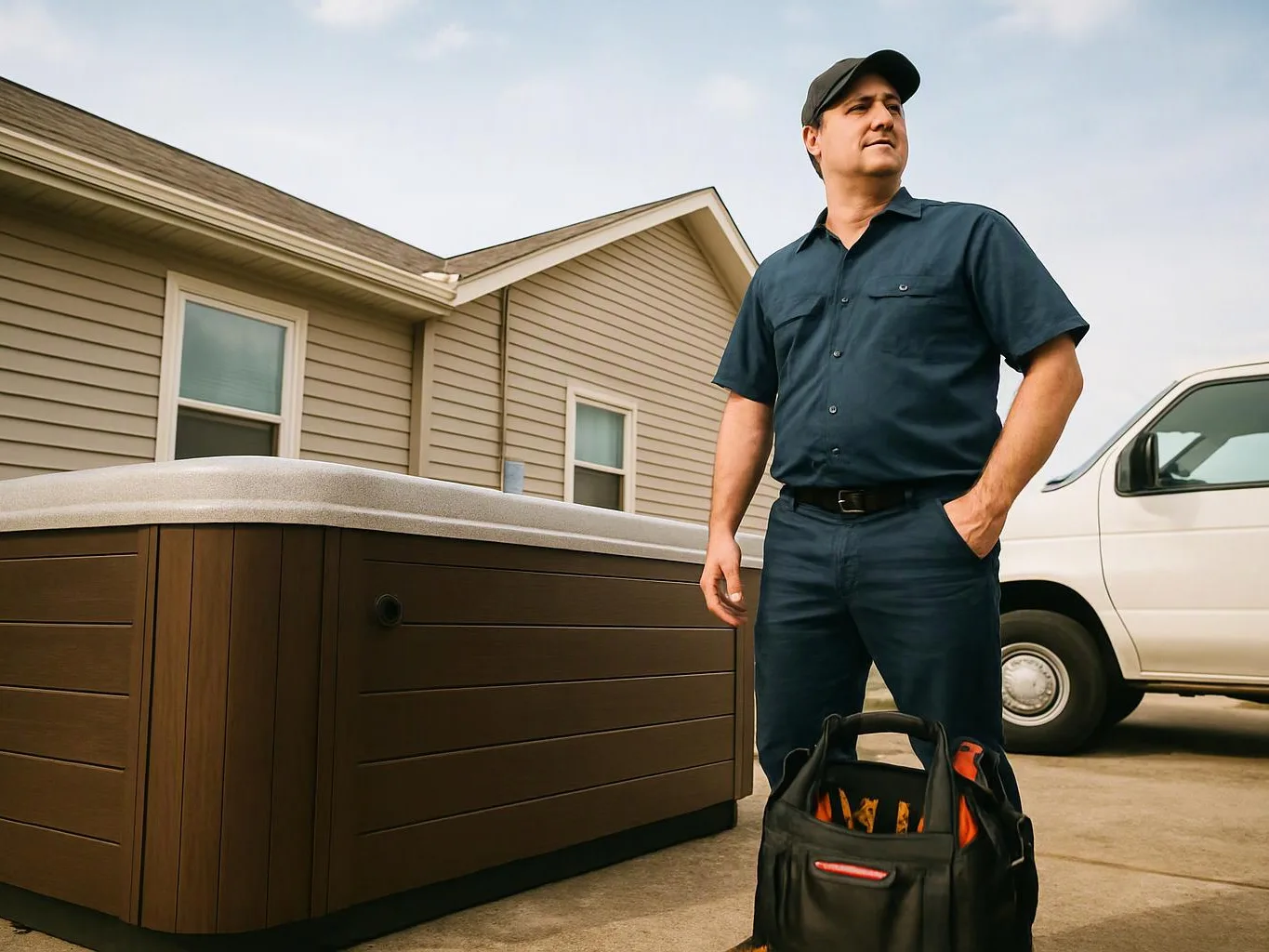 A man in work clothes stands beside a backyard hot tub and tool bag near a house and white van