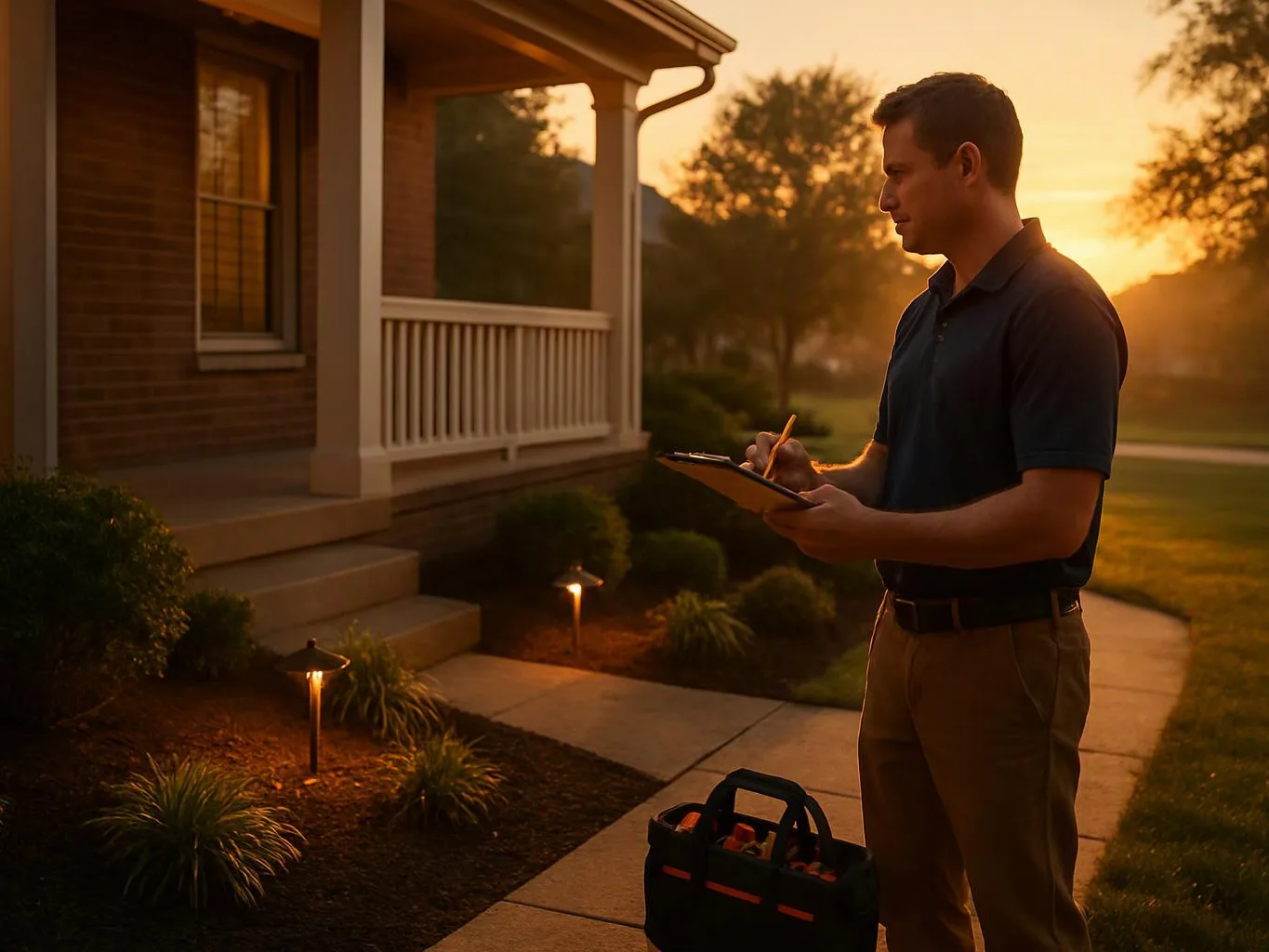 A man writes on a clipboard beside a house at sunset, with a tool bag and lit path lights nearby