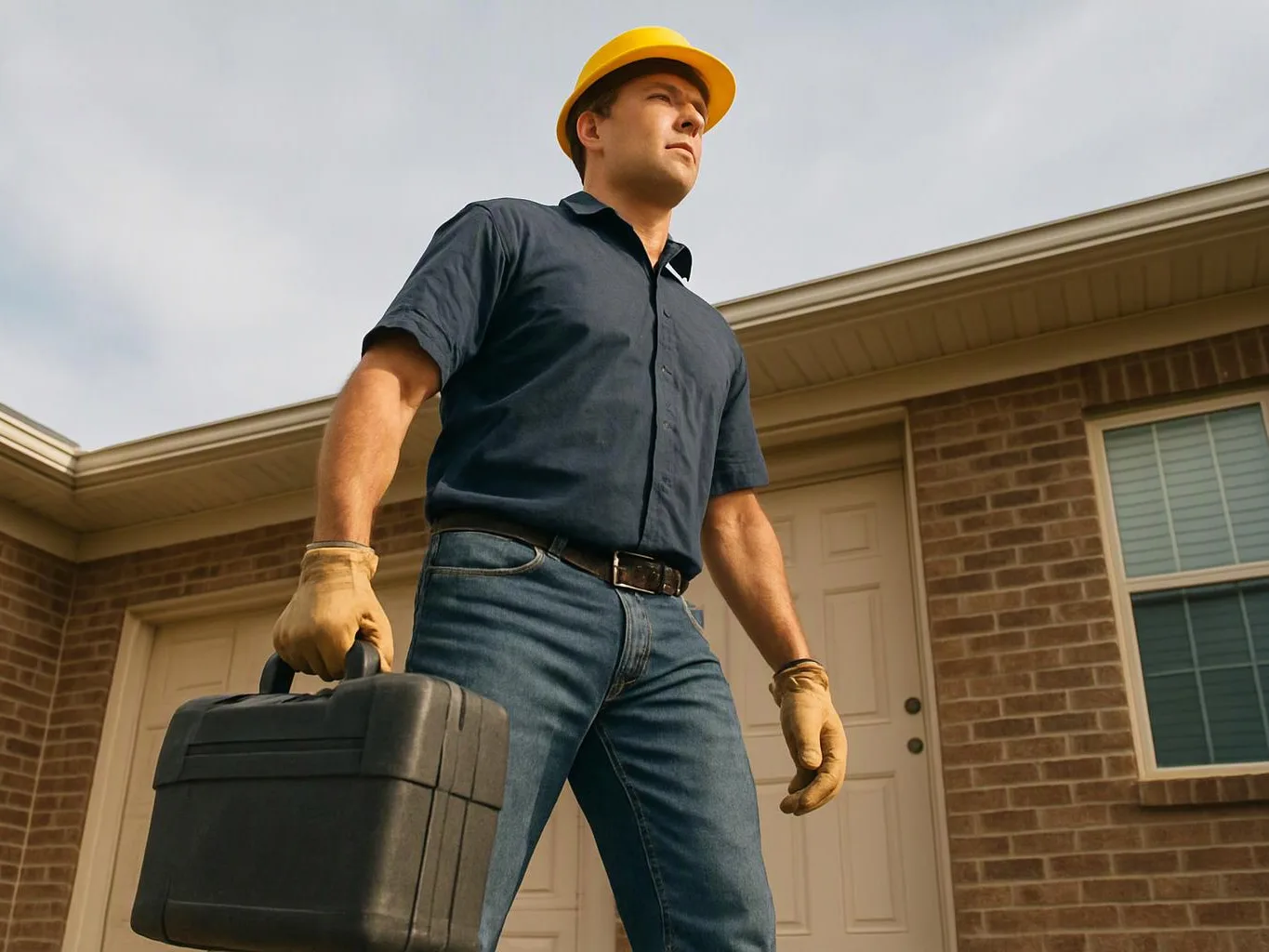 A man in a yellow hard hat carries a black toolbox outside a brick house