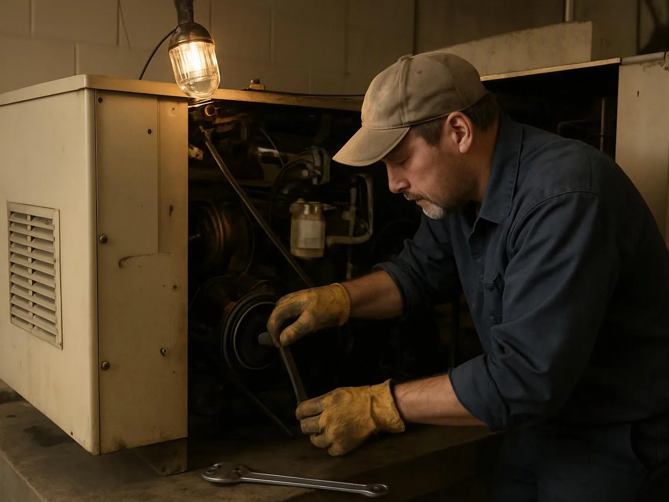 A mechanic in gloves works inside an open machine under a hanging light in a dim workshop