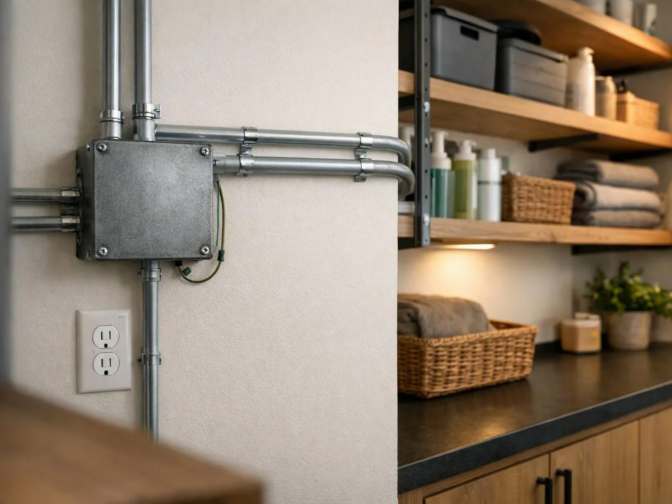 Metal conduit and an electrical box run beside bathroom shelves with baskets, bottles, towels, and a countertop plant