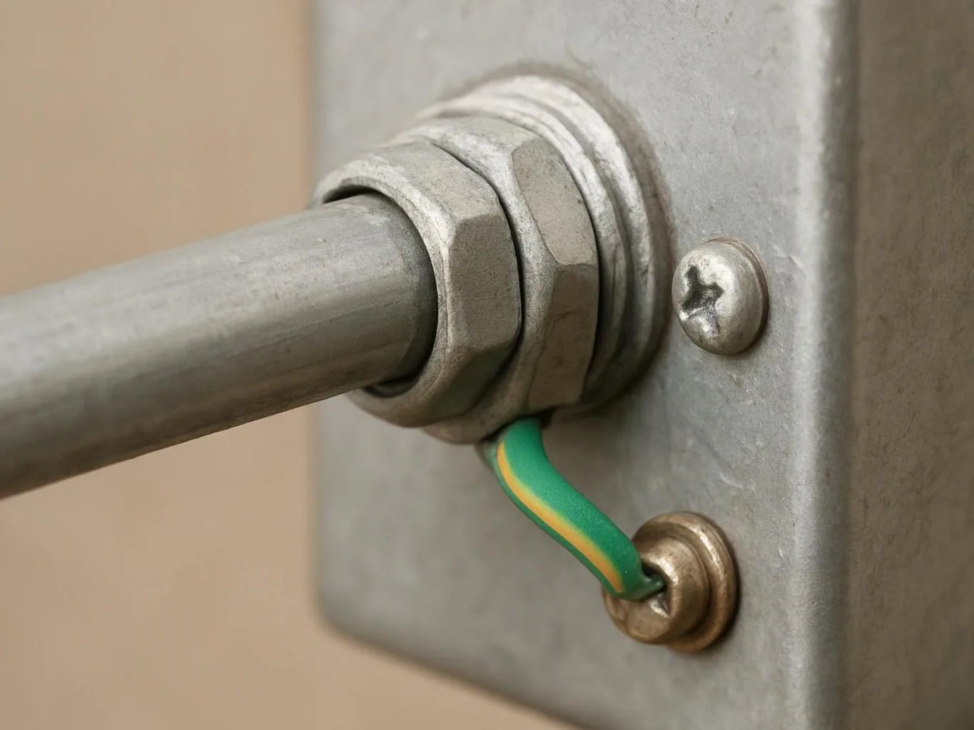 A metal conduit enters a gray junction box, with a green wire attached to a lower screw
