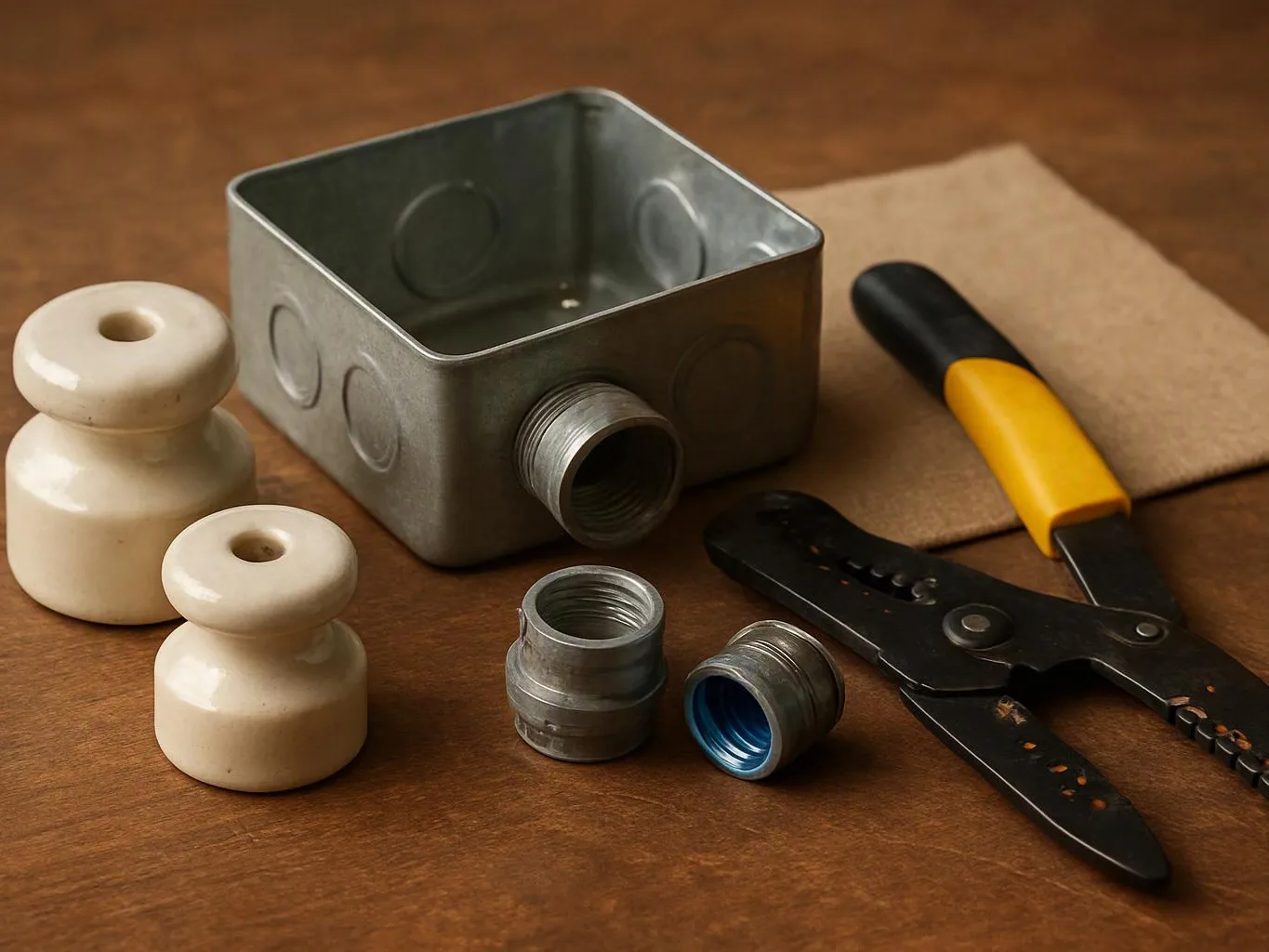A metal junction box, wire connectors, and hand tools rest on a wooden surface with a tan sheet behind them
