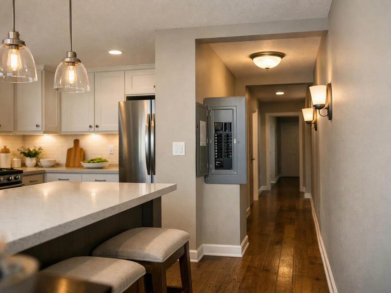 A modern kitchen opens to a hallway with pendant lights, a stainless refrigerator, and an open breaker panel