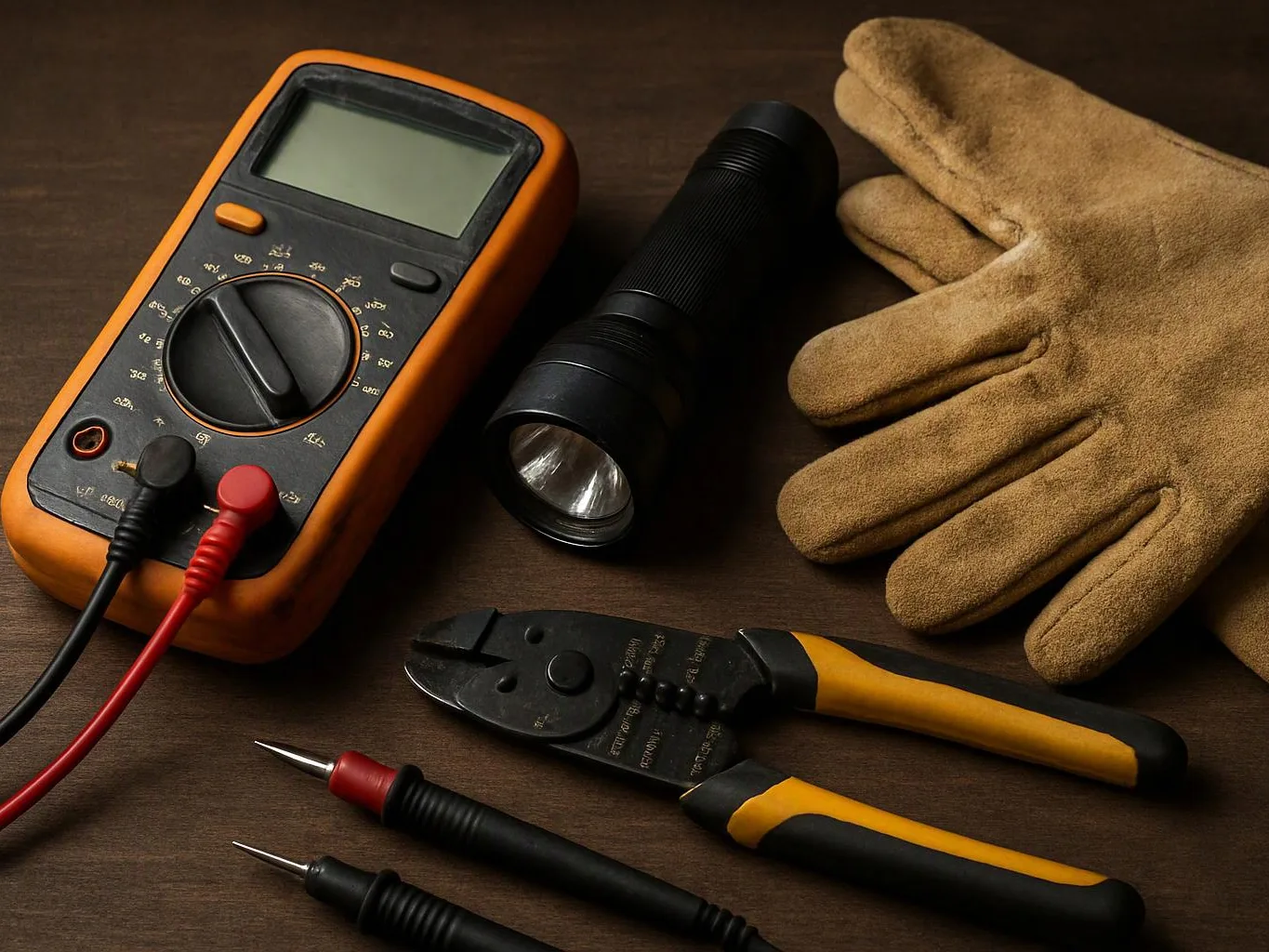A multimeter, flashlight, gloves, pliers, and test probes are arranged on a wooden surface