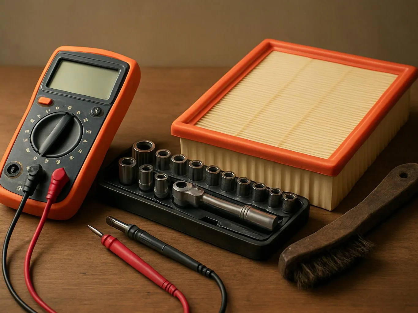 A multimeter, socket set, air filter, probes, and brush lie arranged on a wooden workbench