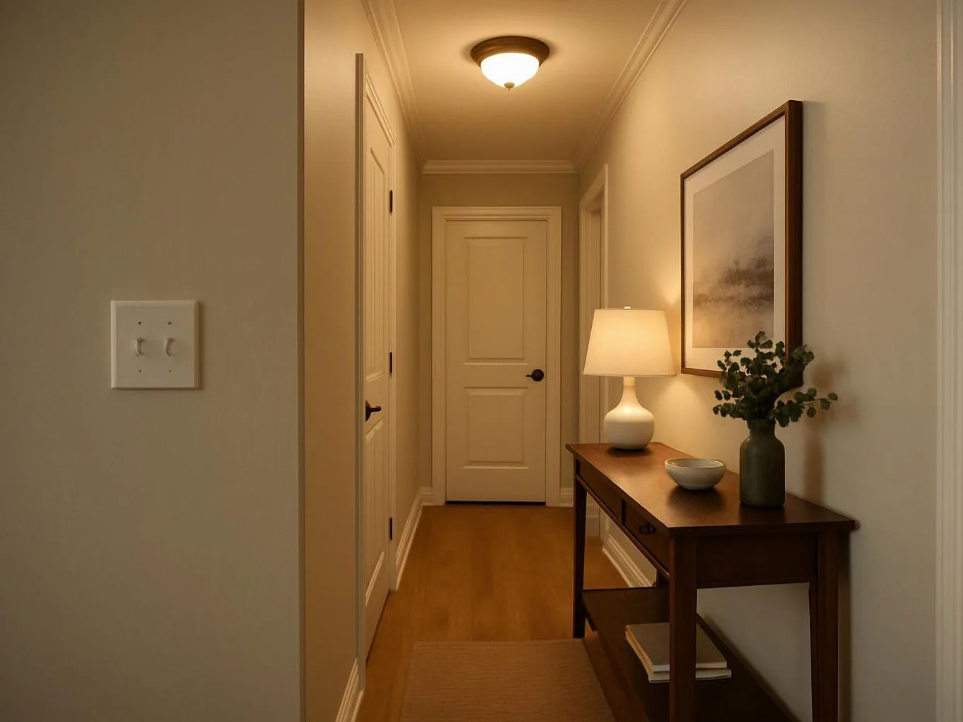 A narrow hallway shows a lit table, lamp, framed art, and closed doors on wood floors