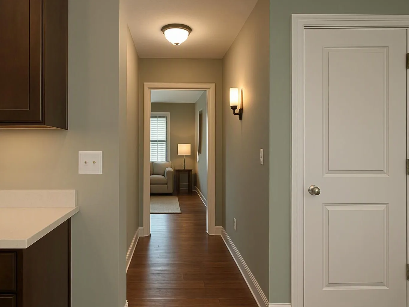 A narrow hallway with wood floors leads to a lit sitting room, with a white door and kitchen counter beside it