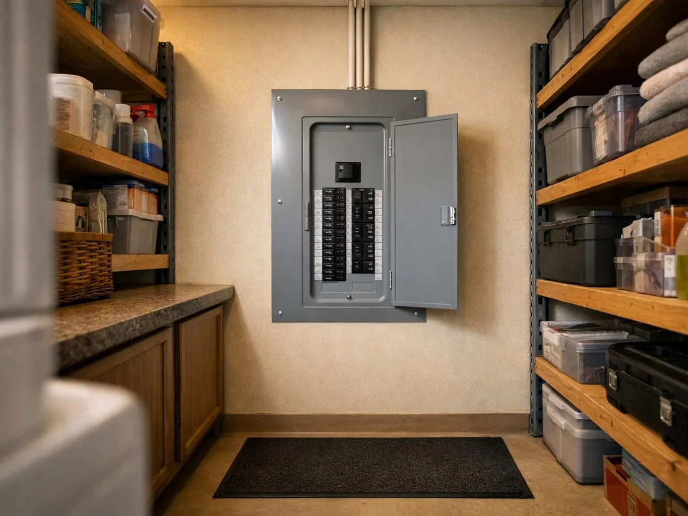 An open electrical breaker panel sits between storage shelves in a utility room