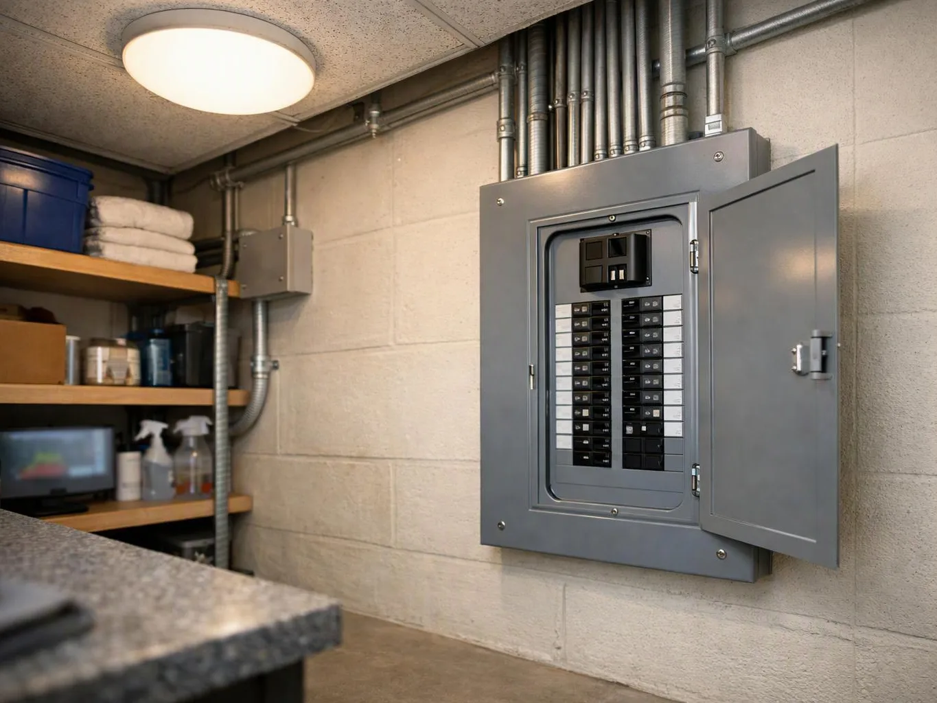 Open electrical panel on a concrete wall in a utility room with shelves and ceiling light