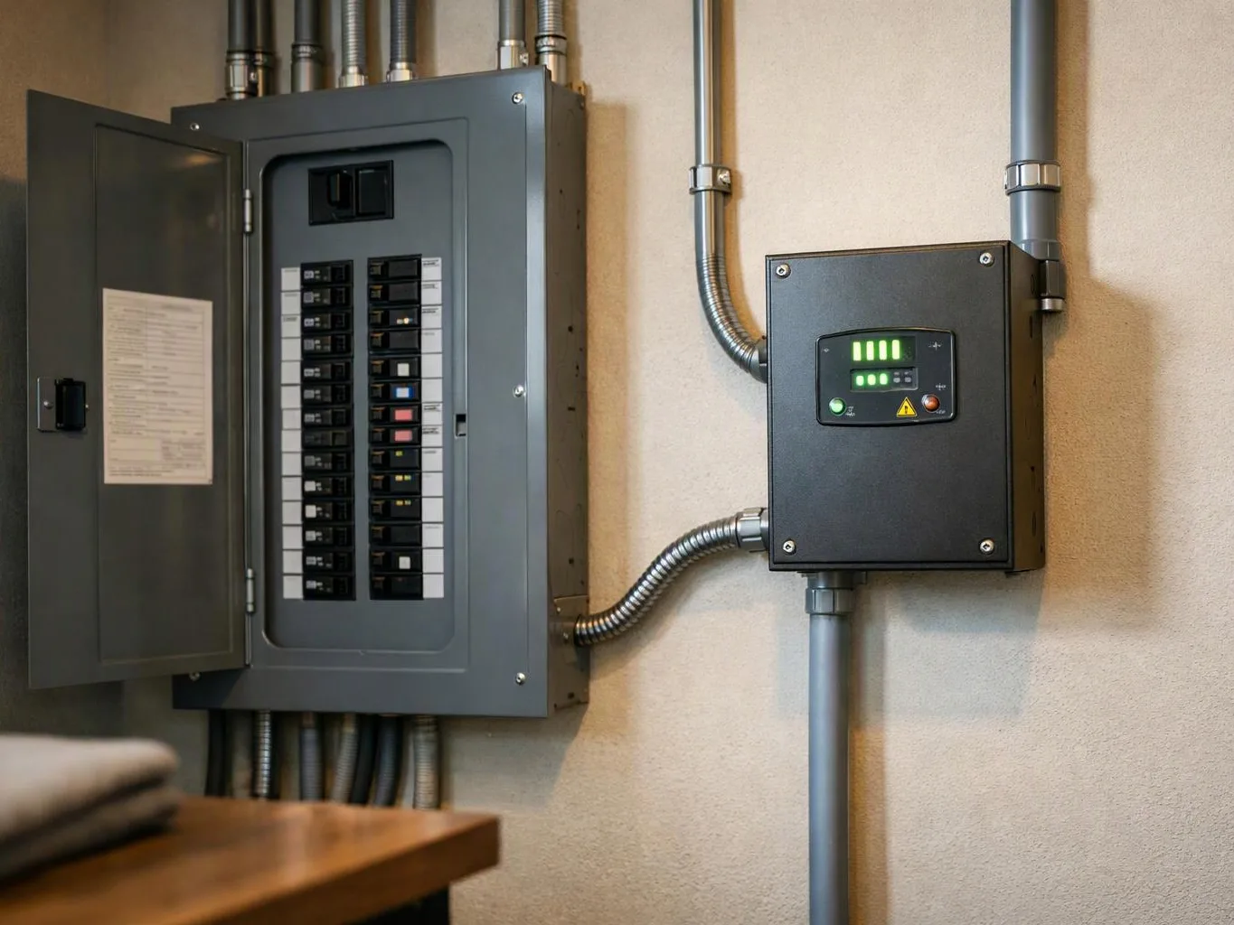 An open electrical panel and a smaller control box are mounted on a wall with metal conduit pipes running between them