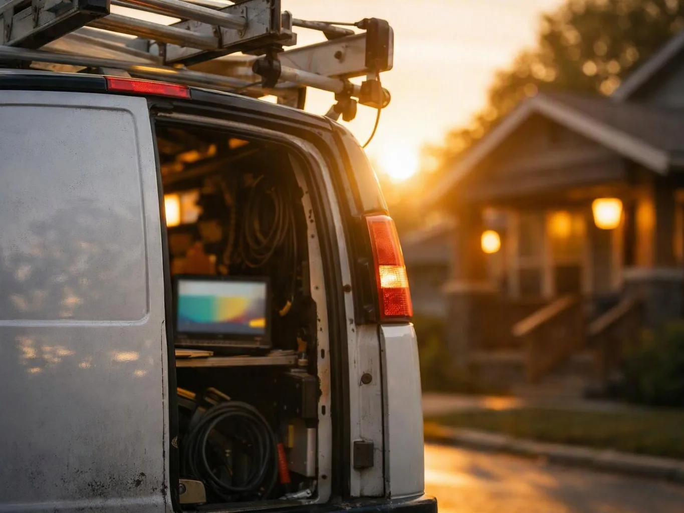 An open white van with equipment inside sits on a street at sunset near a house