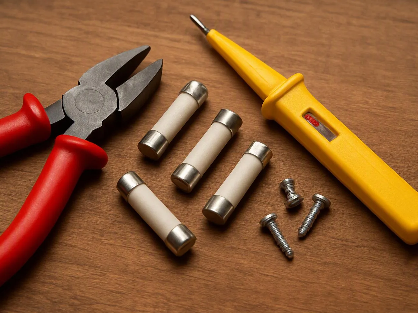 A pair of red-handled pliers, a yellow voltage tester, fuses, and screws lie on a wooden surface