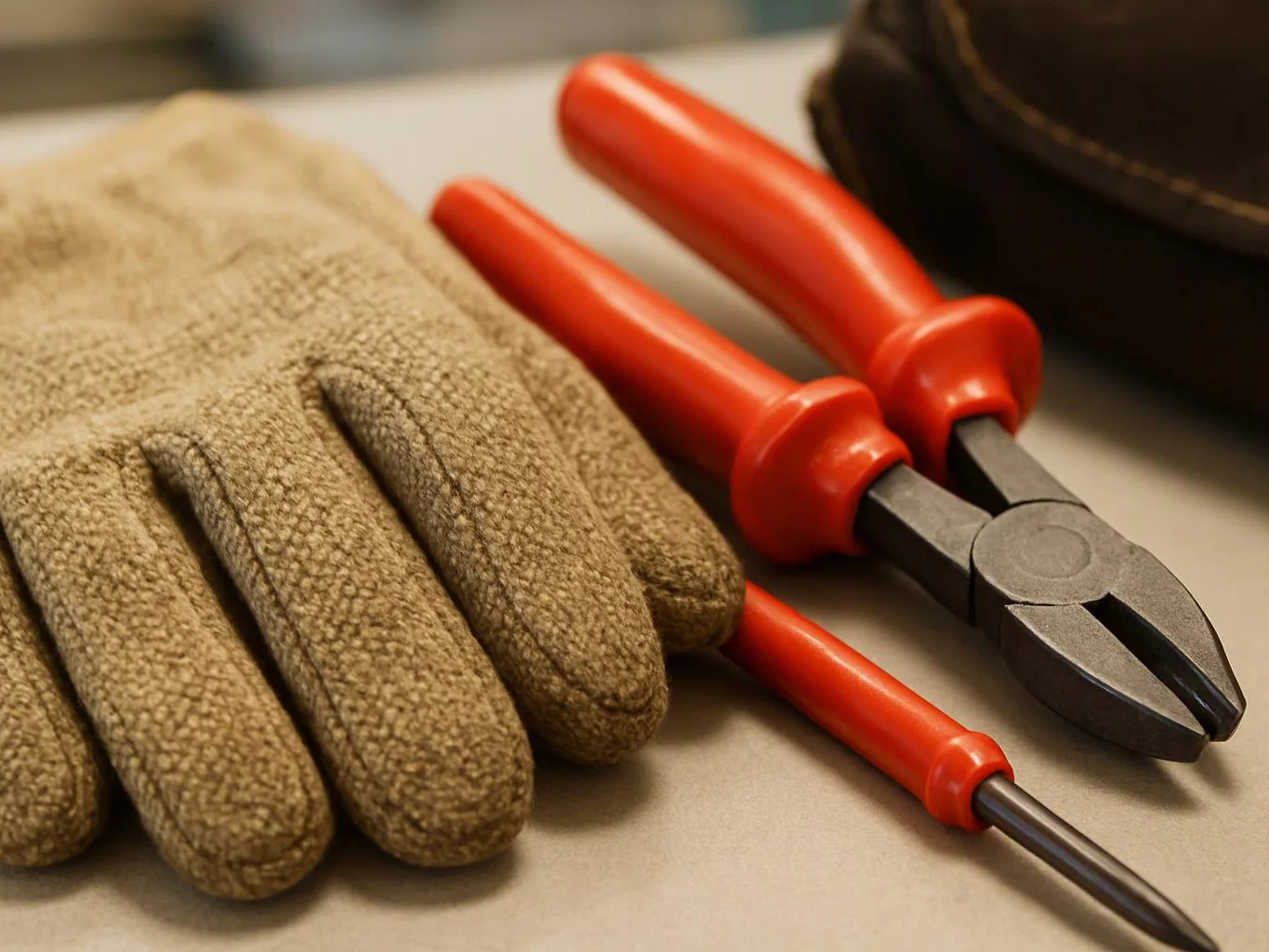 A pair of work gloves lies beside red-handled pliers and a screwdriver on a tabletop