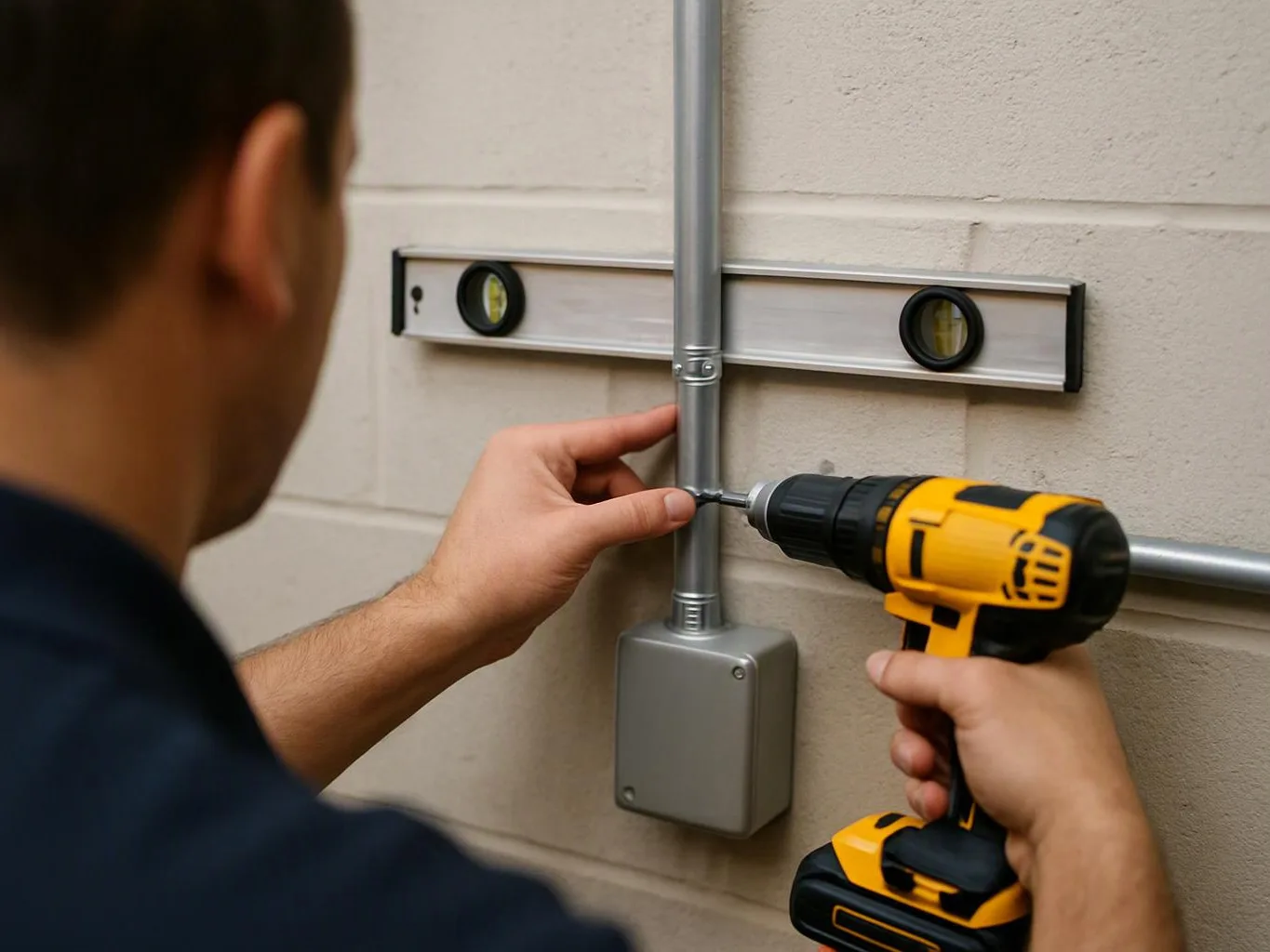 A person drills into a metal conduit beside a level mounted on a beige wall