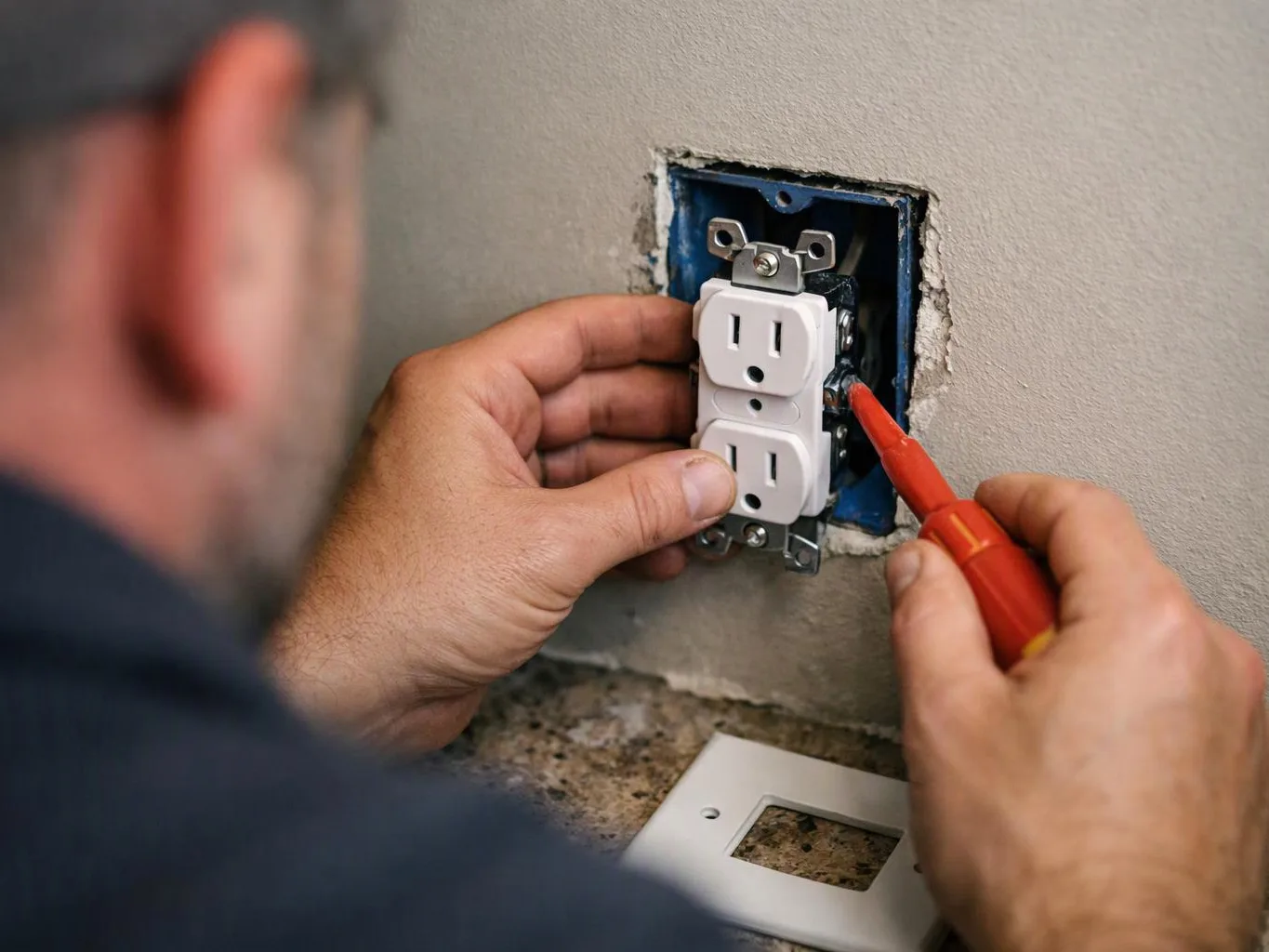 A person installs a duplex wall outlet with a red screwdriver in a rough wall opening
