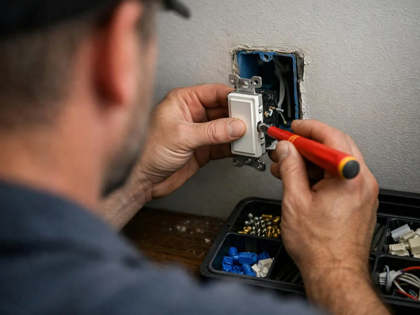 A person installs a wall light switch with a red screwdriver beside a blue electrical box