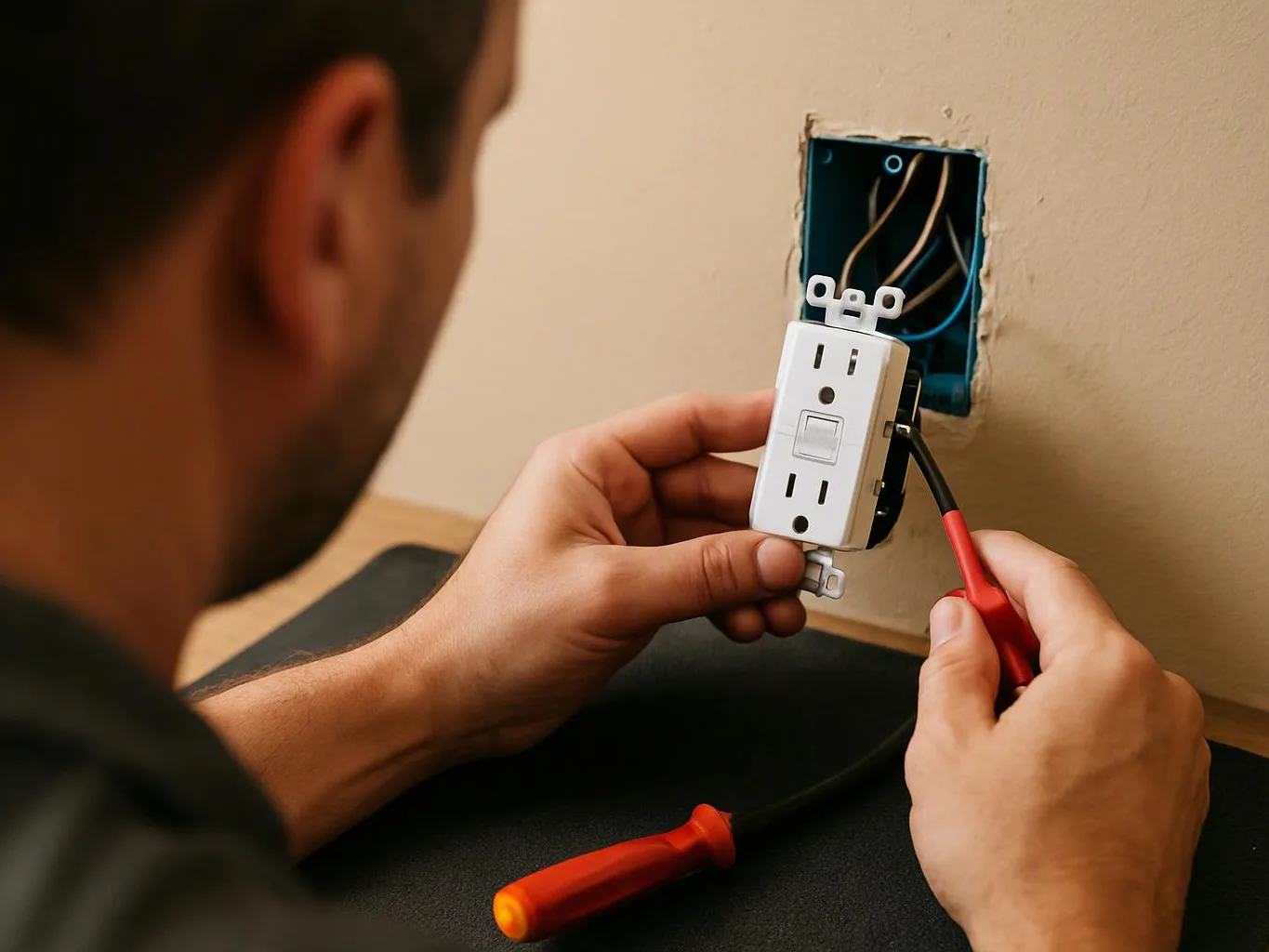 A person installs a wall outlet into an open electrical box with wires exposed