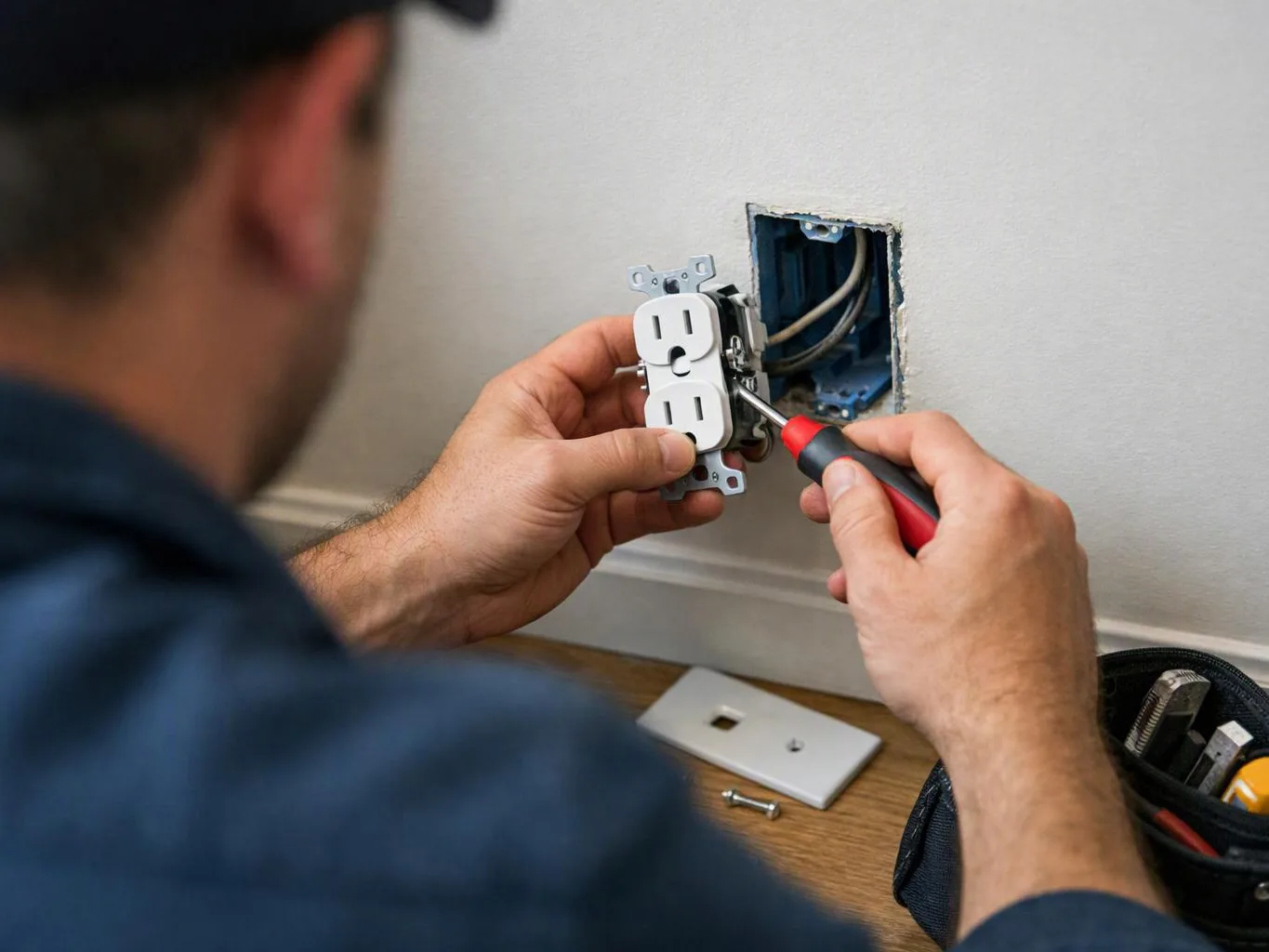 A person installs a wall outlet with a screwdriver beside an open electrical box on a white wall