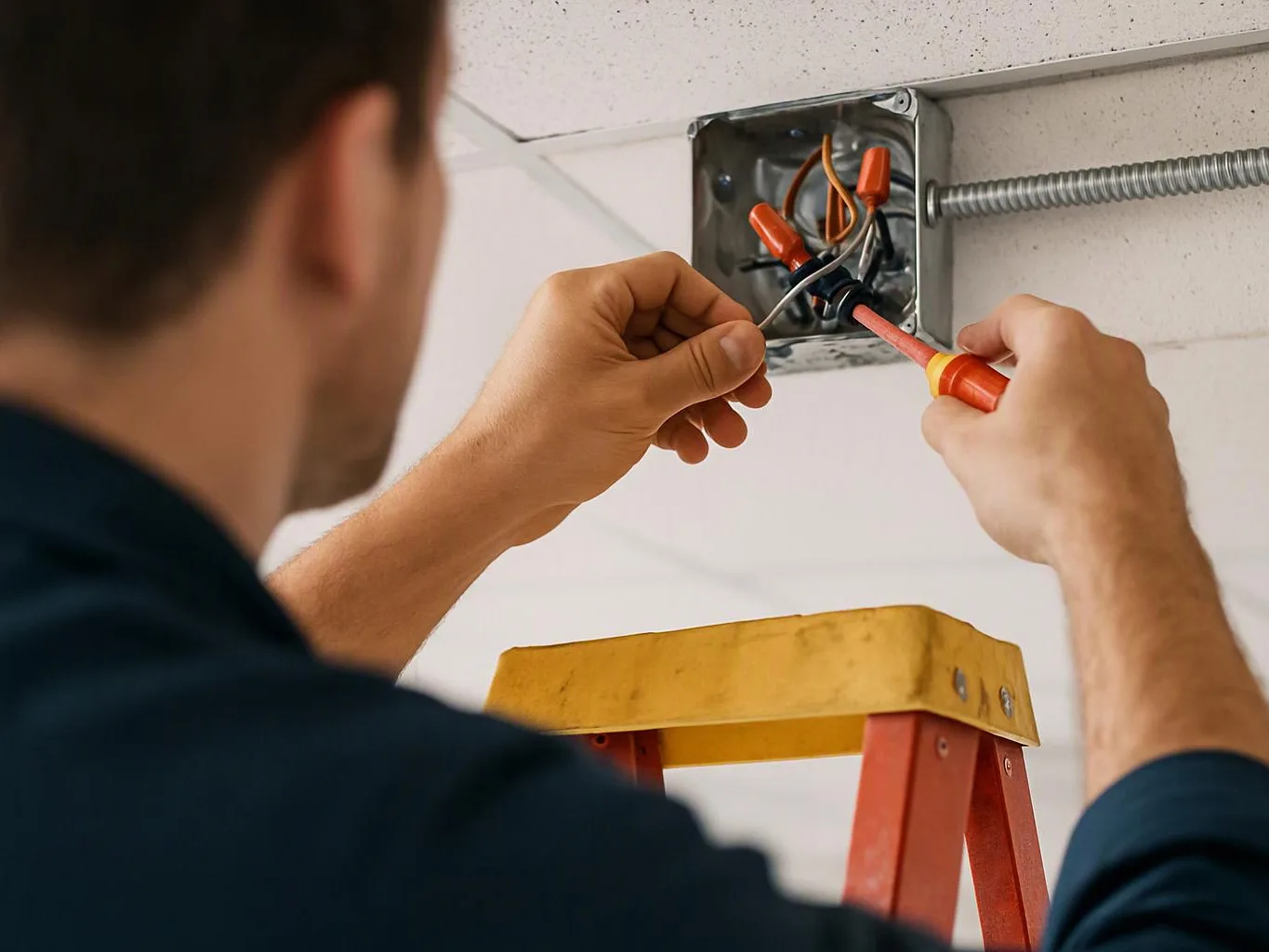 A person on a ladder works inside an open ceiling electrical box with a screwdriver and wires