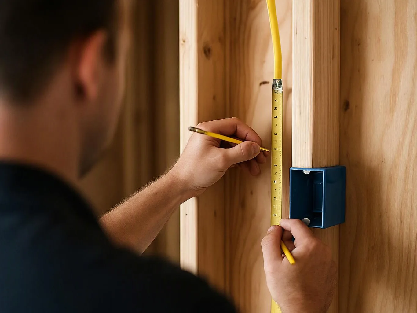 A person measures a yellow cable beside a blue electrical box inside a wooden wall frame