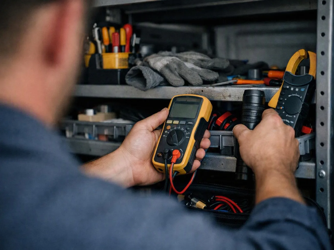 A person reaches into a metal tool shelf, holding two yellow black testing devices and gloves nearby