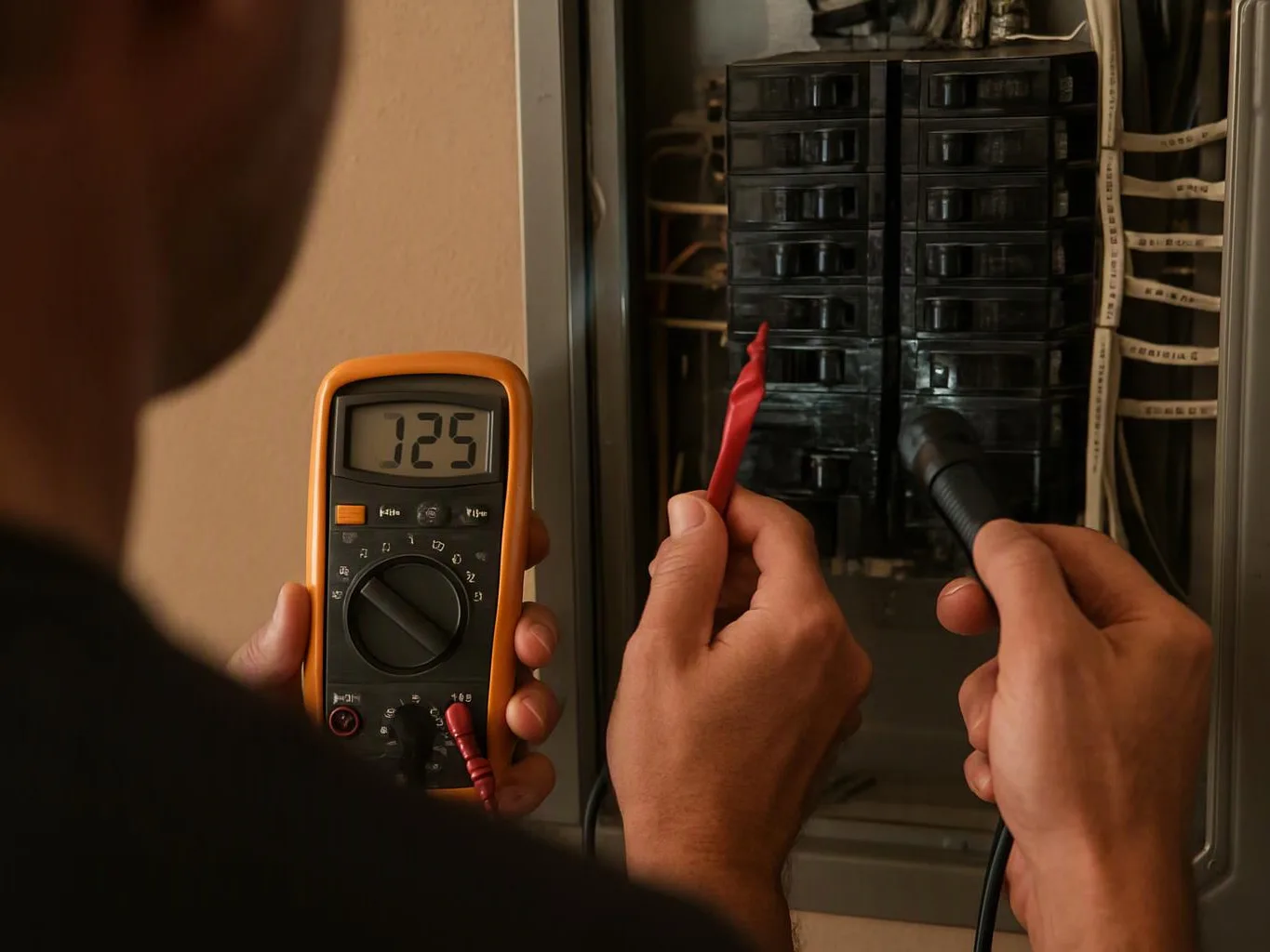 A person tests an electrical panel with a digital multimeter and probes in a dim room