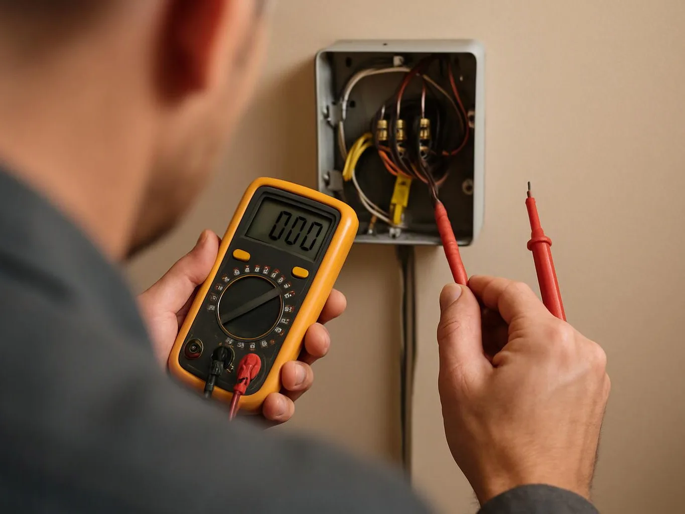 A person tests exposed wall wiring with a digital multimeter and red probes indoors