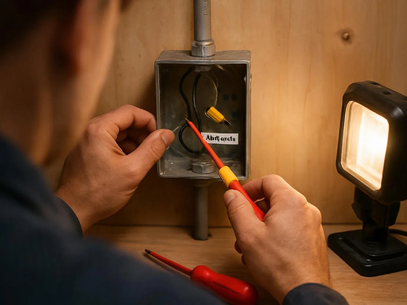 A person uses a red tester on wires inside a metal electrical box beside a lit work light