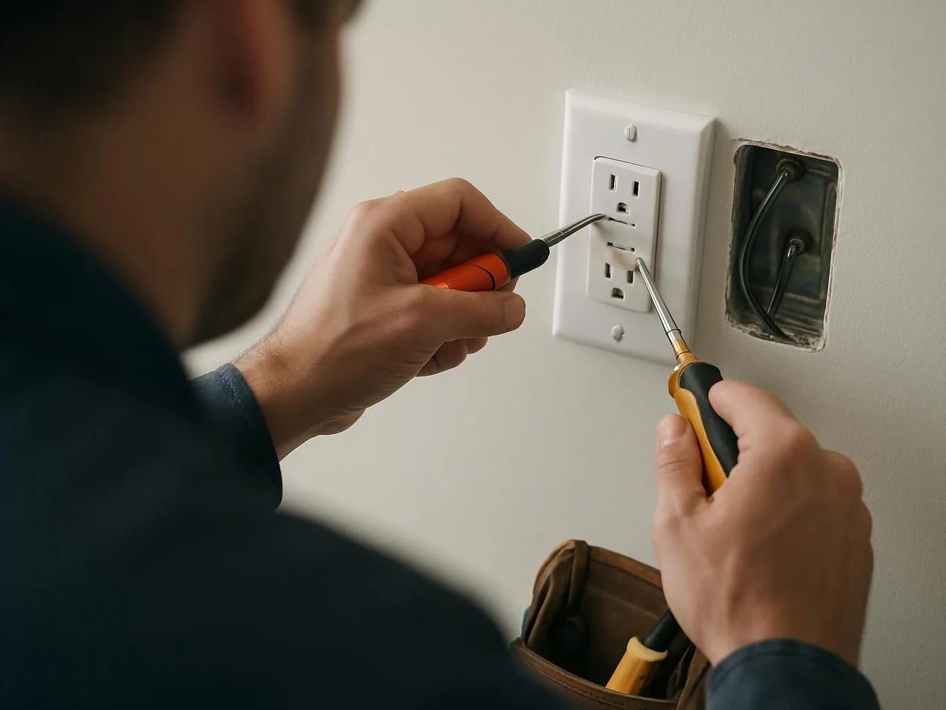 A person uses two screwdrivers to work on a wall outlet beside an open electrical box