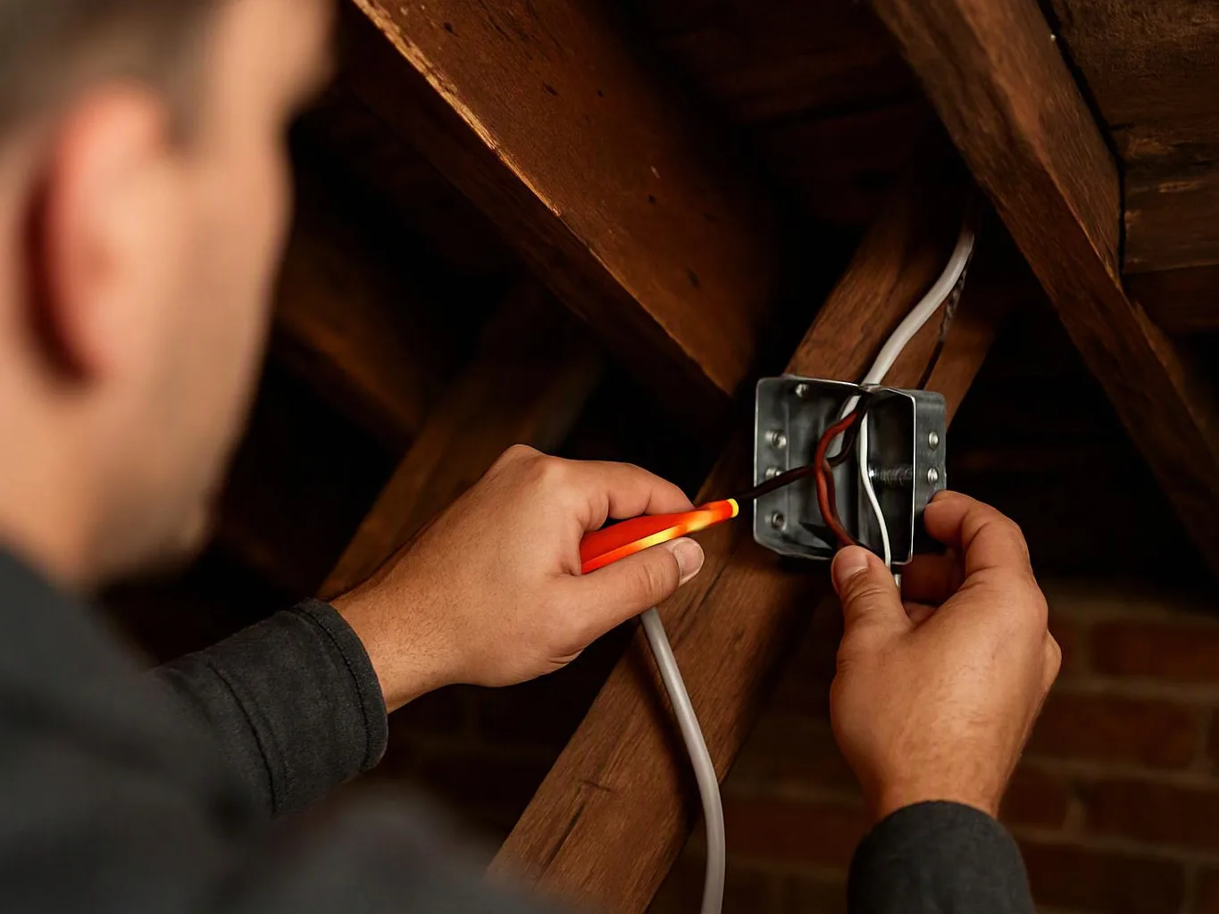A person wires an electrical box between wooden beams, holding a screwdriver in an attic-like space