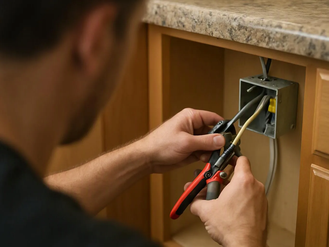 A person works inside a cabinet, using pliers to handle electrical wires near a metal junction box