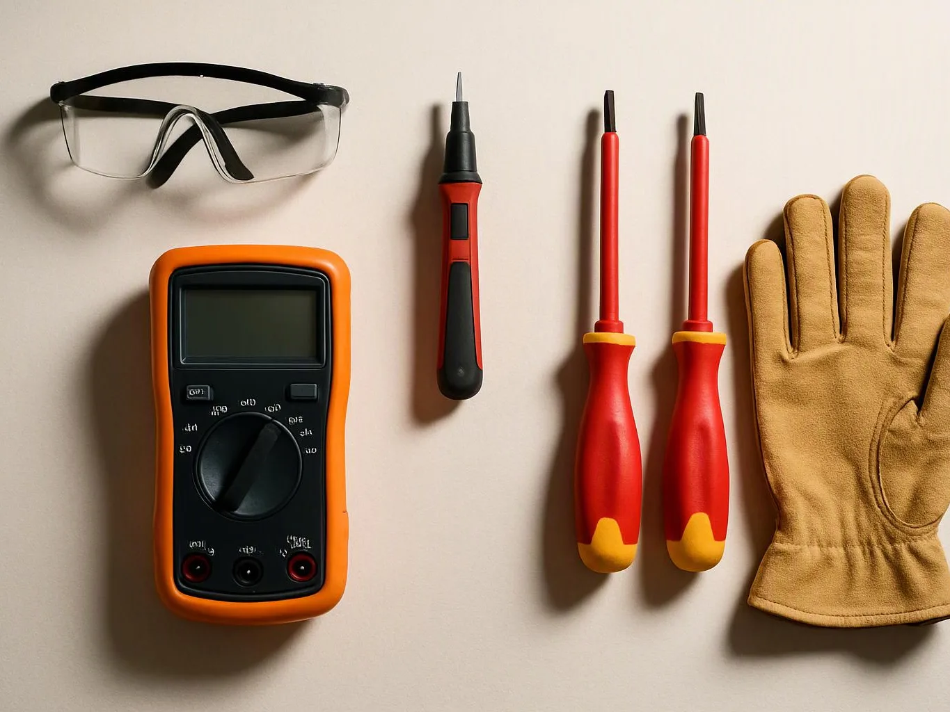 Protective glasses, a digital multimeter, test probes, two screwdrivers, and a work glove lie on a light surface