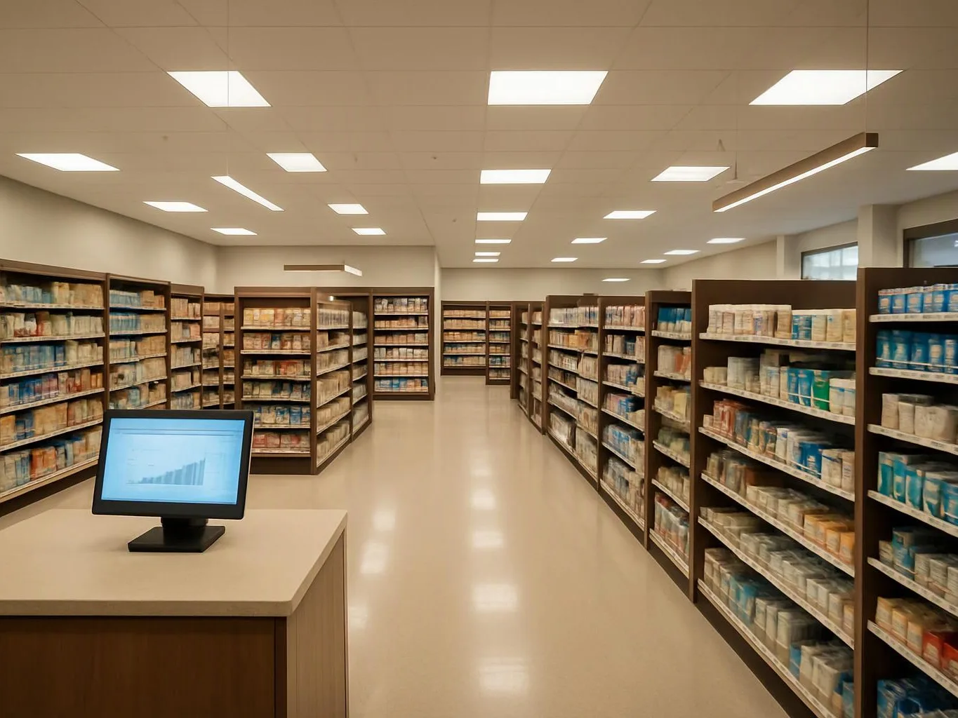 A quiet retail aisle shows stocked shelves, a front monitor, and bright ceiling lights in a clean store