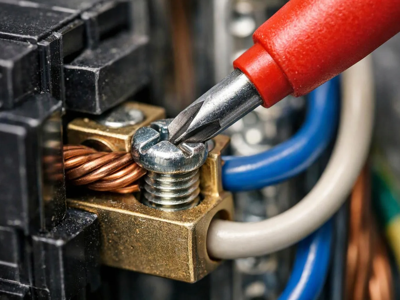 A screwdriver tightens a screw on a brass electrical terminal with copper and colored wires attached