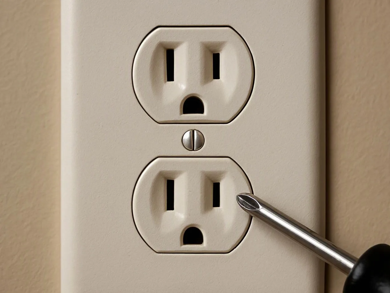 A screwdriver tip touches the lower hole of a wall electrical outlet on a beige plate