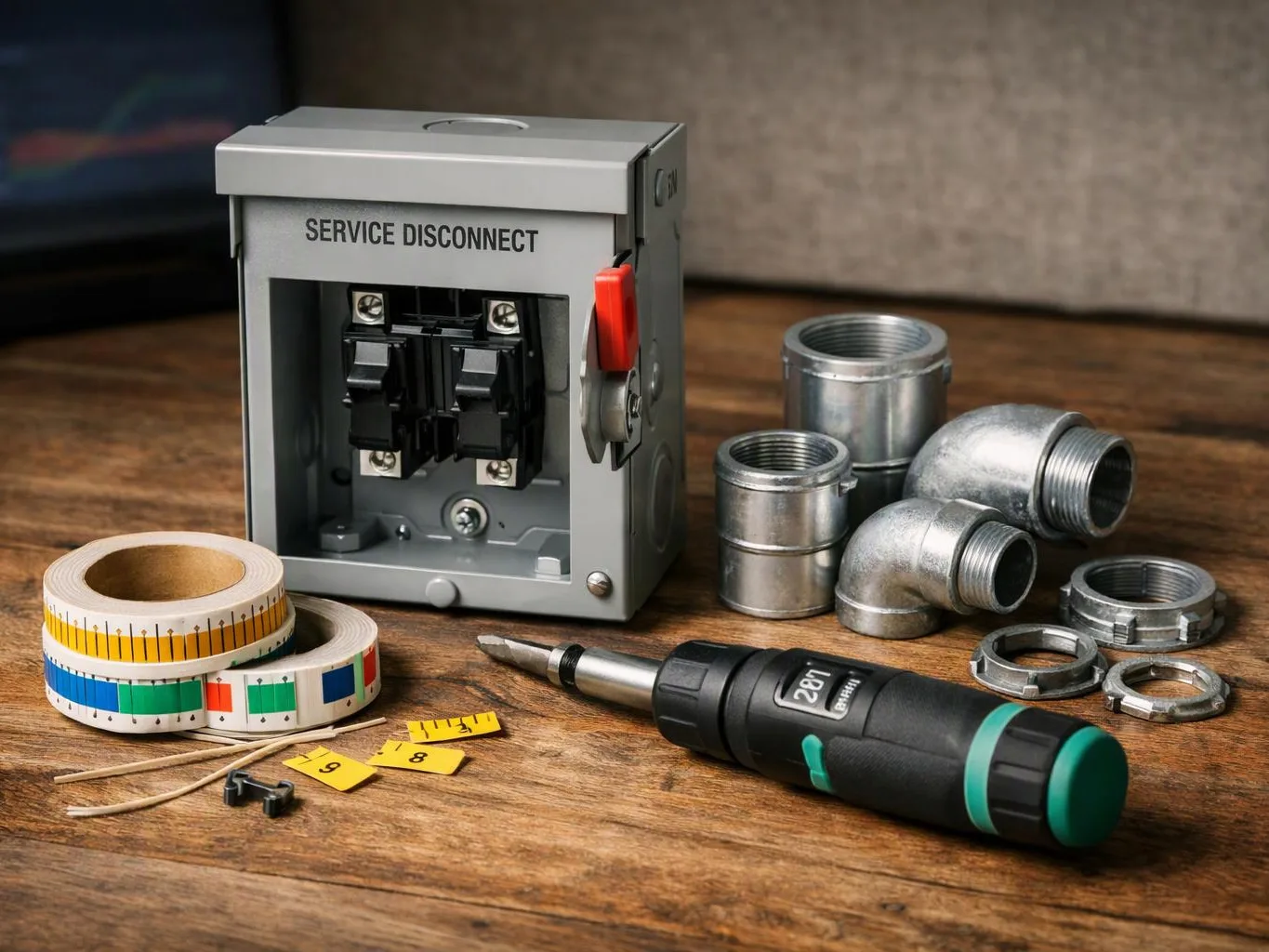A service disconnect box sits on a wooden surface beside metal conduit fittings, measuring tape, and a screwdriver