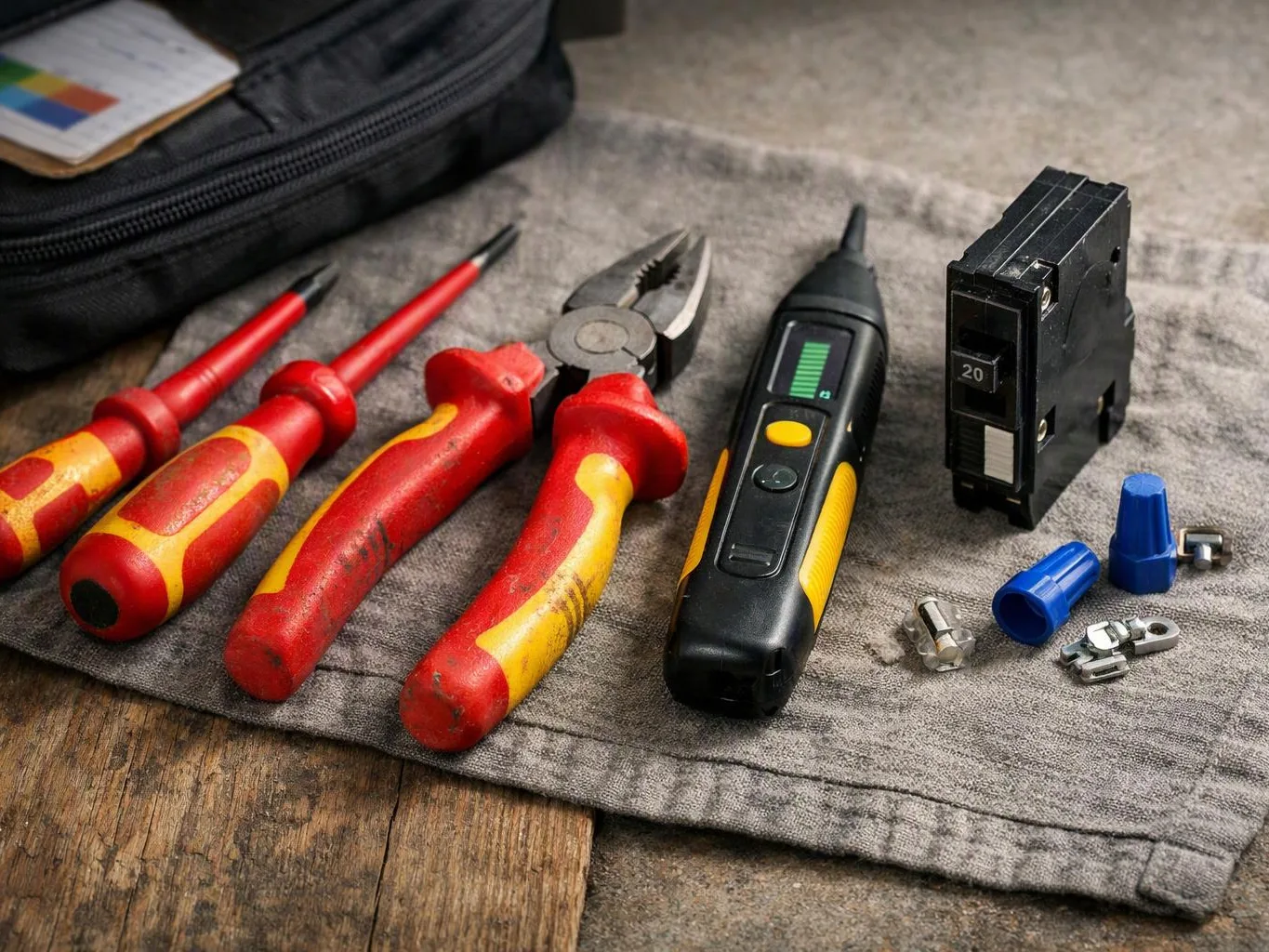 Several electrical tools and connectors lie on a cloth mat beside a black bag and wood floor