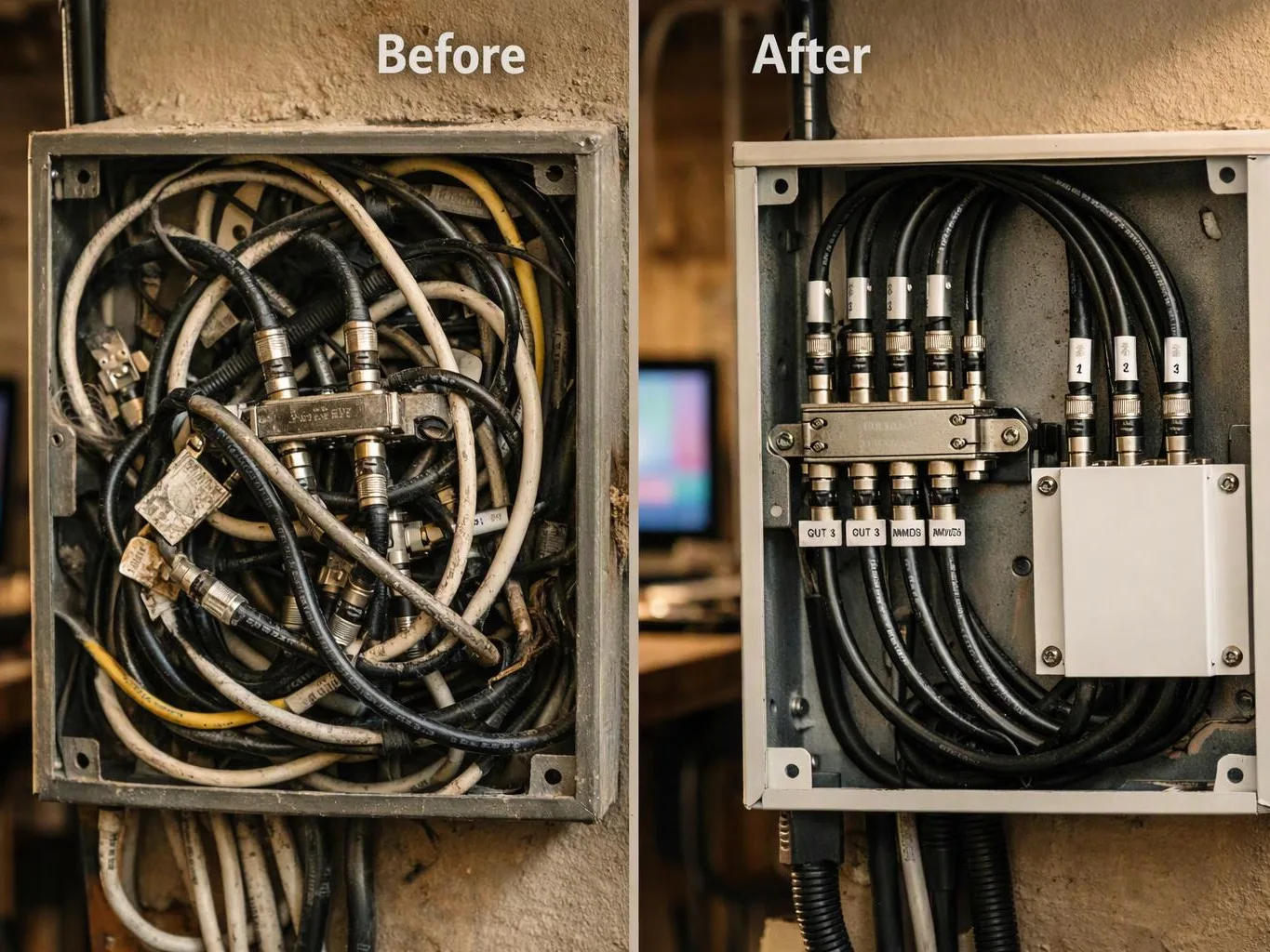 Side by side boxes show tangled cables before and neatly arranged black cables after