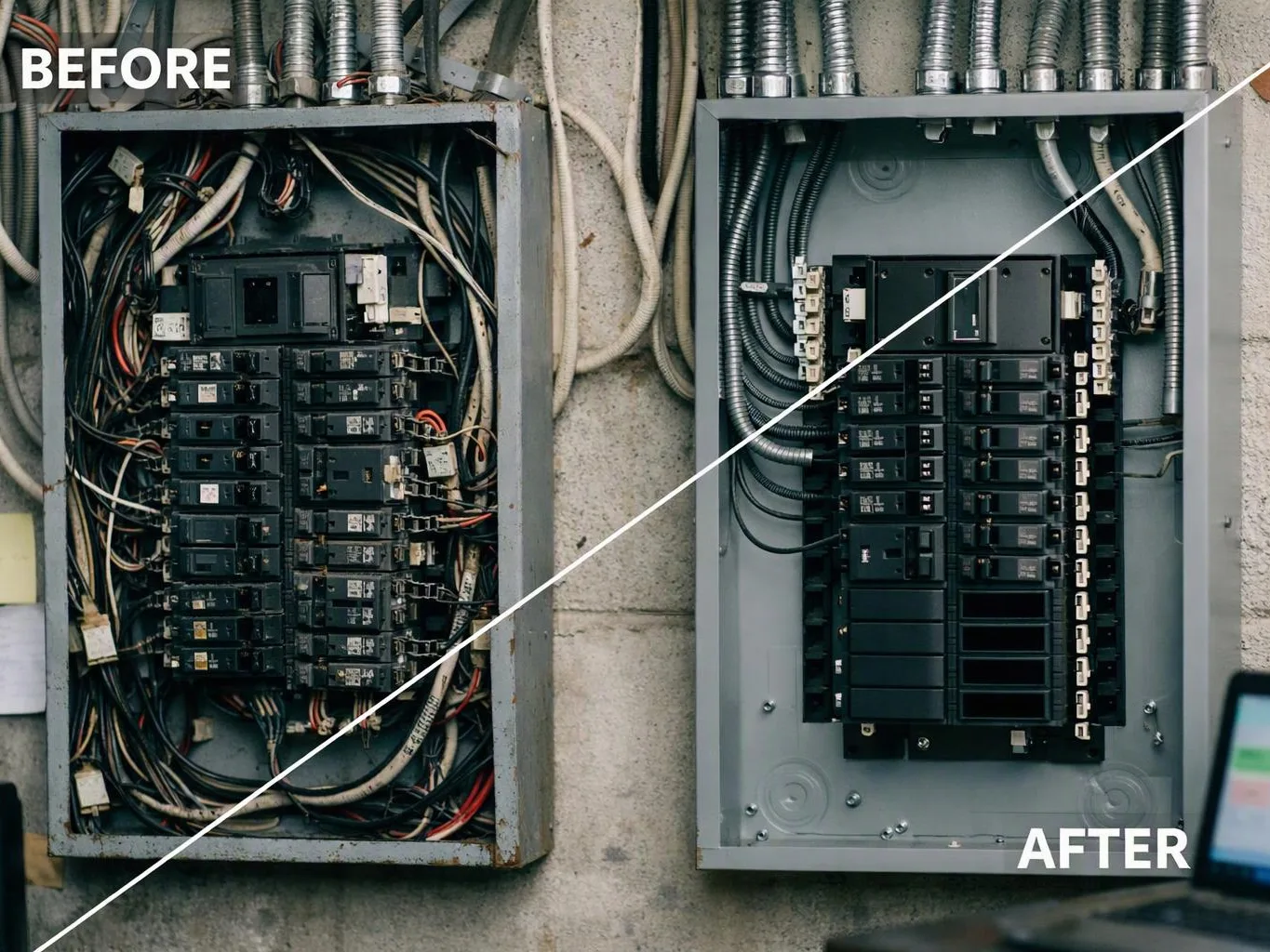 Side by side electrical panels show a messy before setup and a neat after installation on a concrete wall