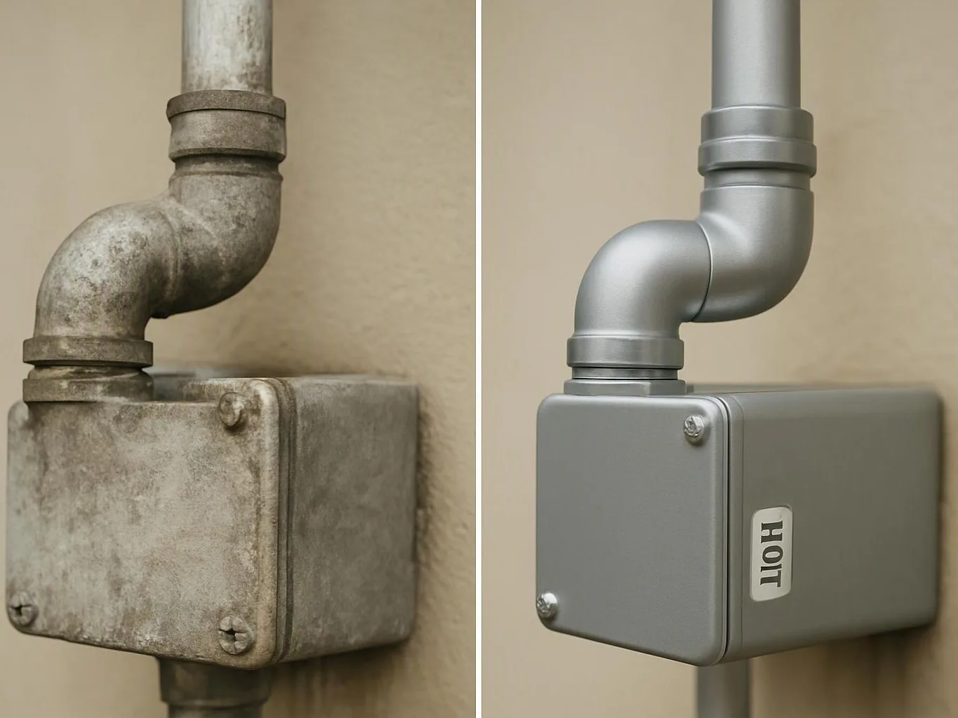Side-by-side pipes connect to a wall box, showing a rusty version and a clean gray version