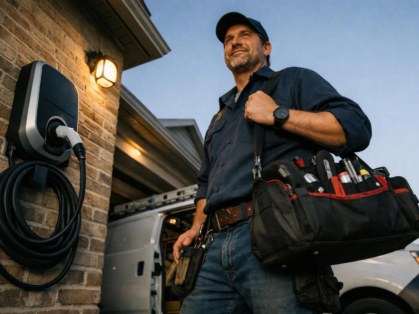 A smiling electrician stands beside a wall charger, carrying a tool bag outside a brick house at dusk