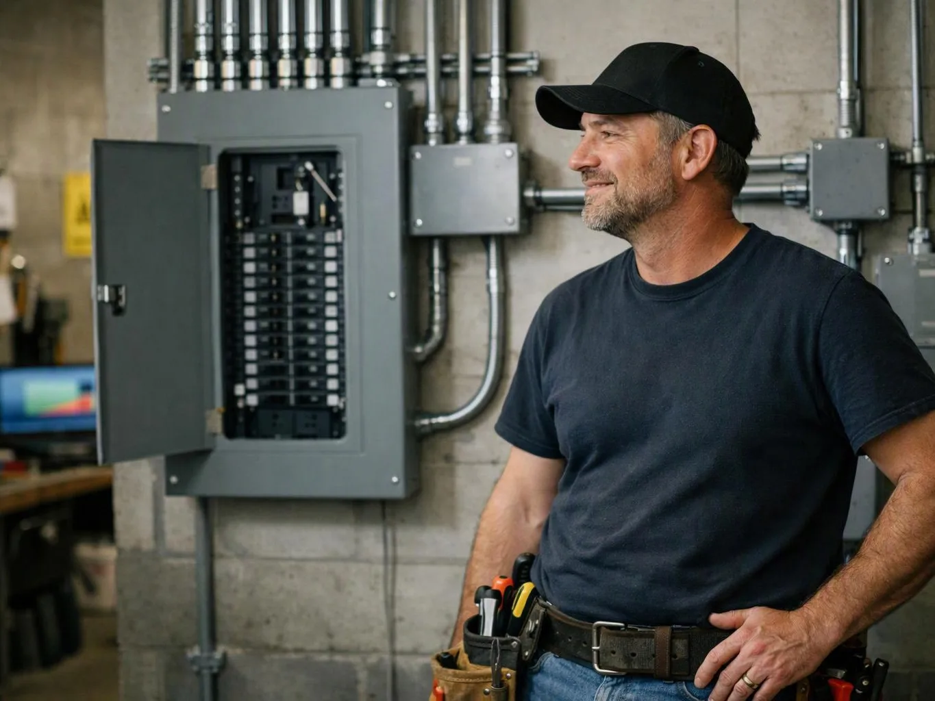 A smiling man in a black cap stands beside an open electrical panel in a concrete utility room