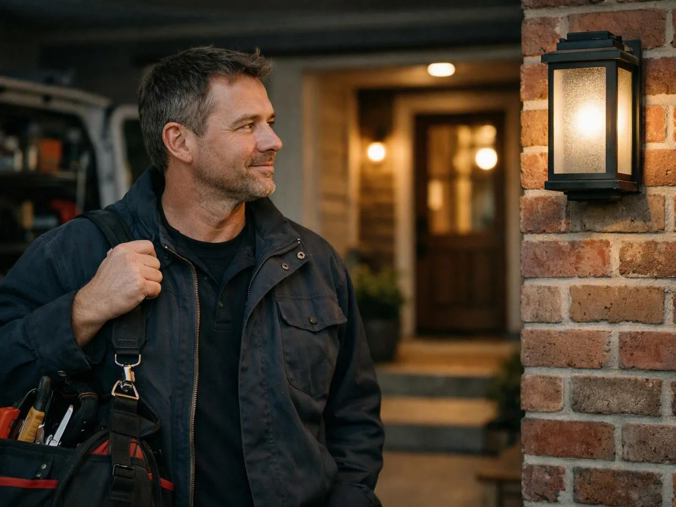 A smiling man in a dark jacket stands by a brick wall with a lit porch light and tool bag