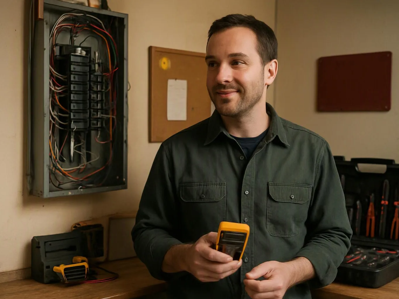 A smiling man holds a yellow electrical tester beside an open breaker panel in a workshop