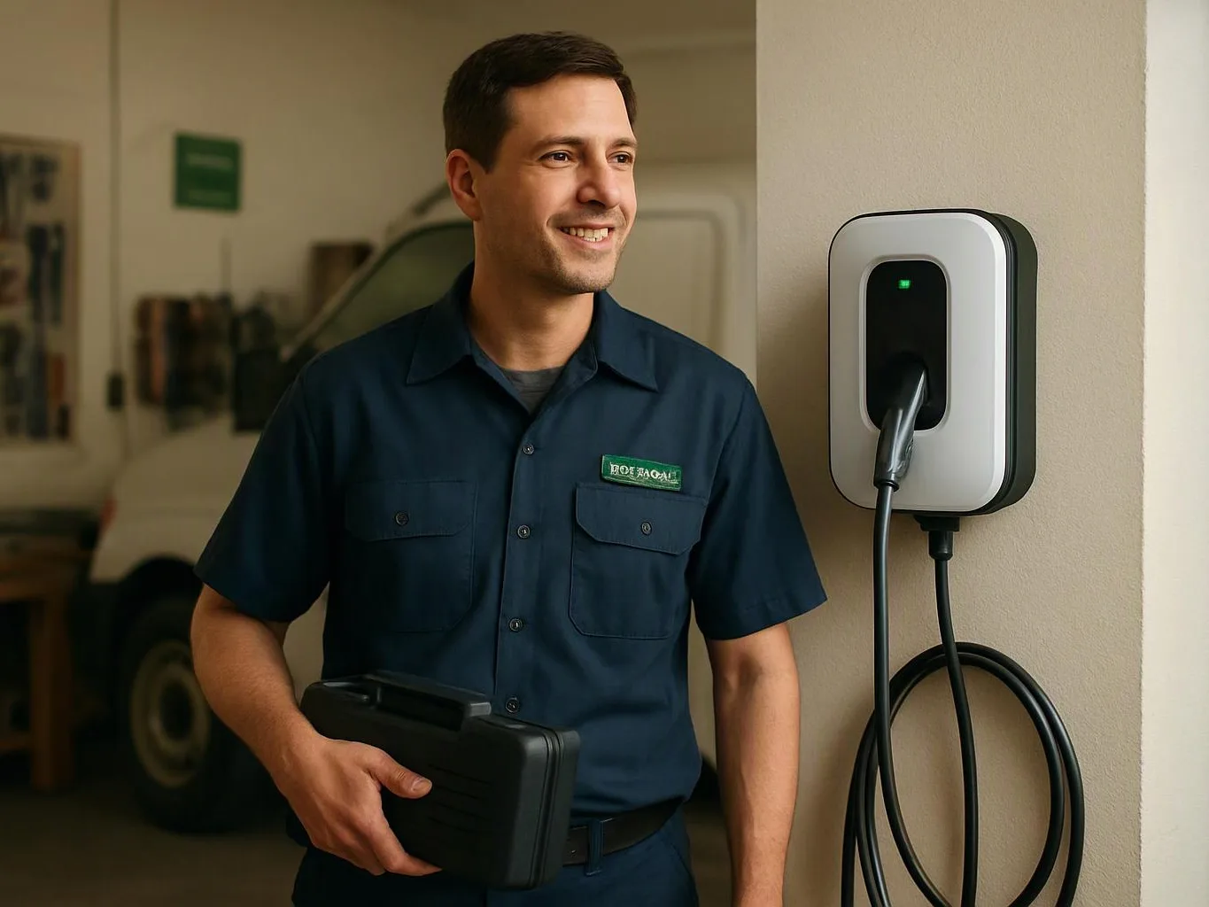 A smiling man in a navy work shirt stands beside a wall-mounted electric car charger in a garage